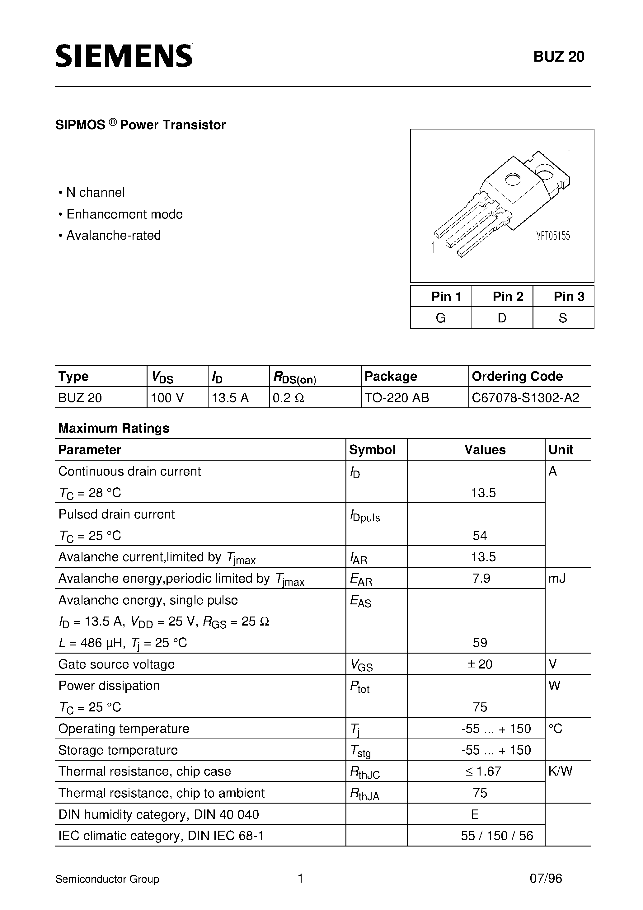 Даташит BUZ20 - SIPMOS Power Transistor (N channel Enhancement mode Avalanche-rated) страница 1