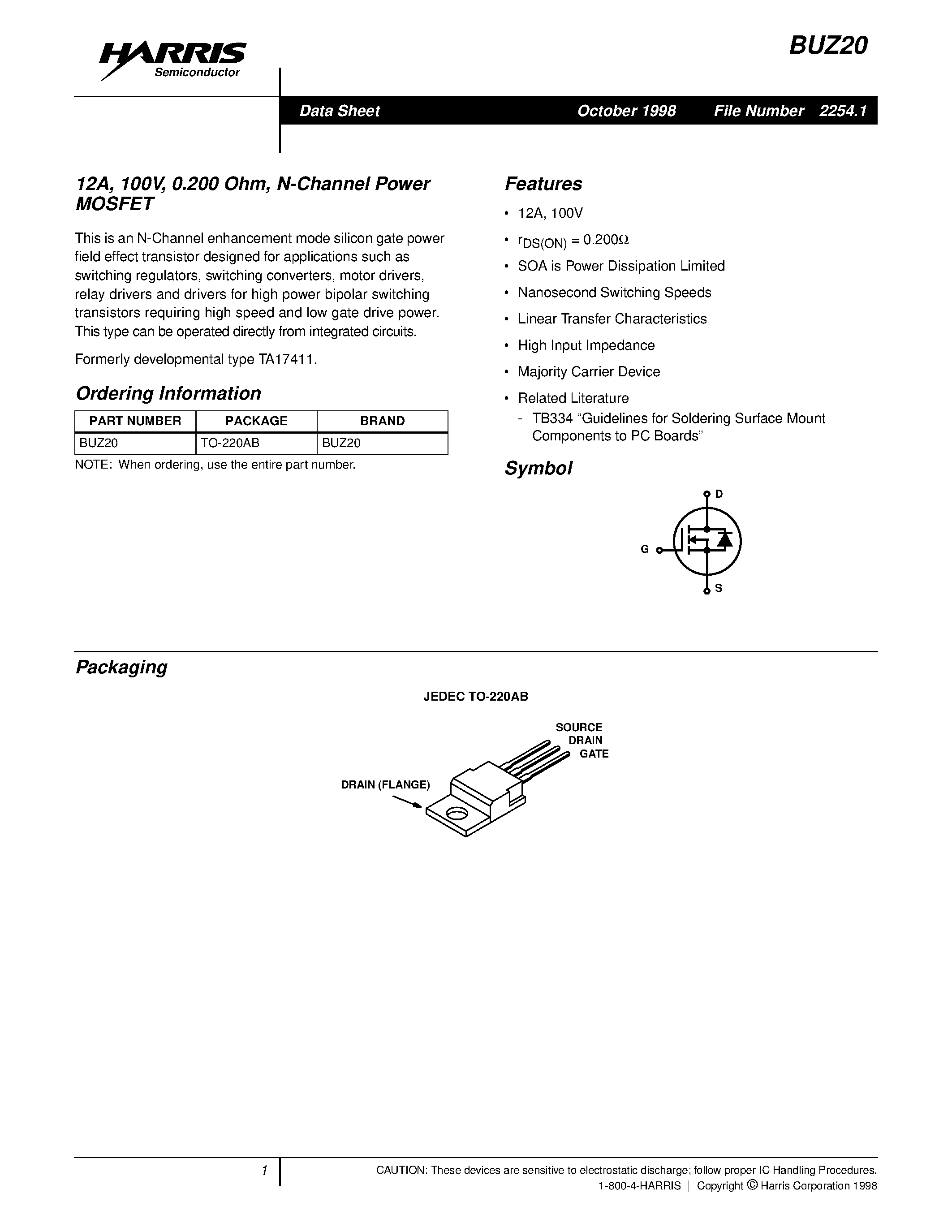 Даташит BUZ20 - 12A/ 100V/ 0.200 Ohm/ N-Channel Power MOSFET страница 1