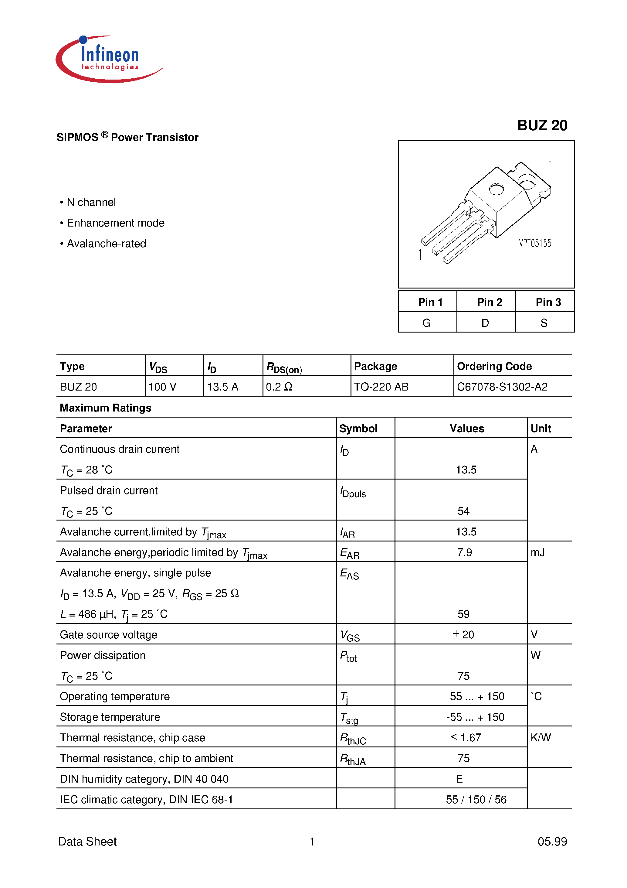 Даташит BUZ20 - SIPMOS Power Transistor страница 1