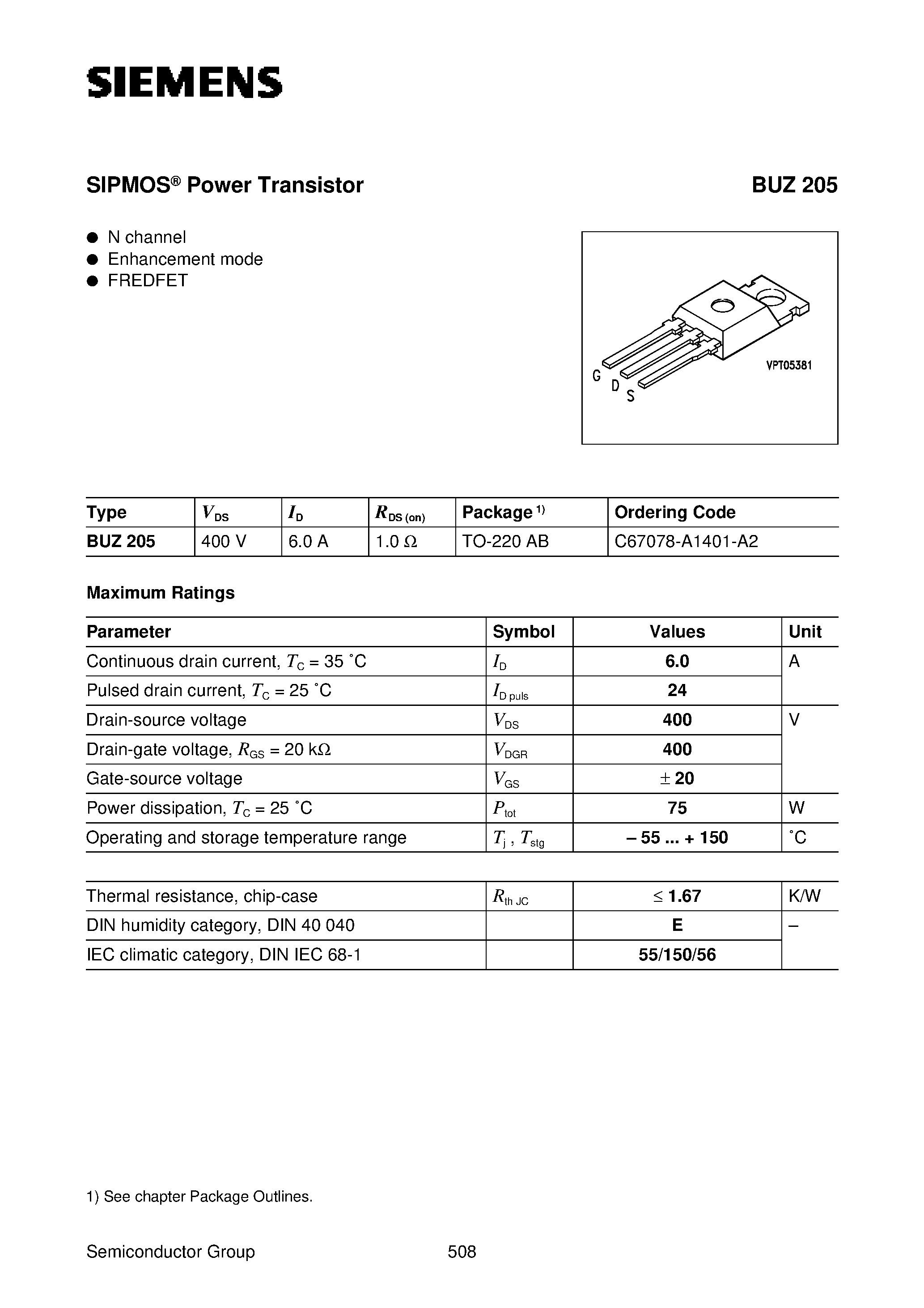 Даташит BUZ205 - SIPMOS Power Transistor (N channel Enhancement mode FREDFET) страница 1