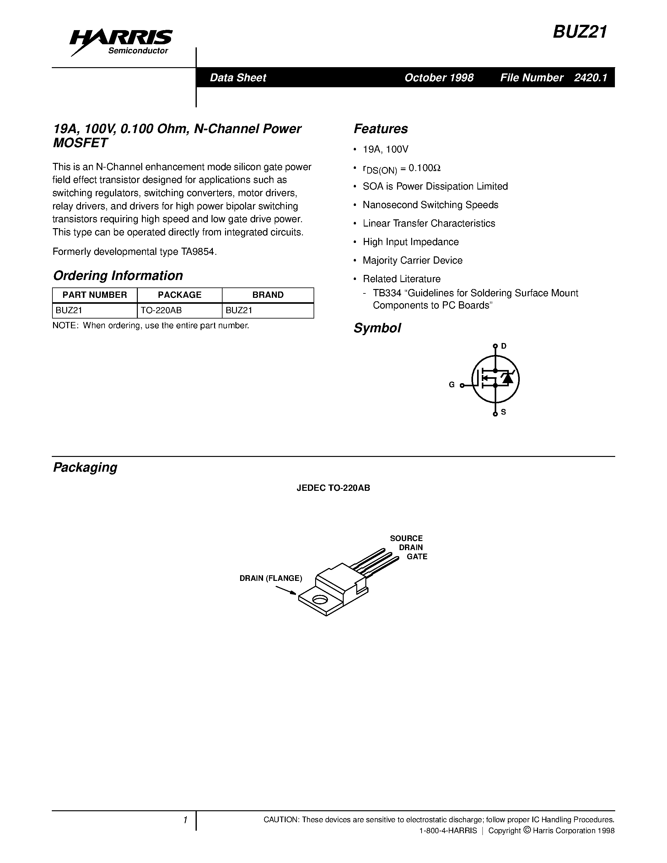 Даташит BUZ21 - 19A/ 100V/ 0.100 Ohm/ N-Channel Power MOSFET страница 1