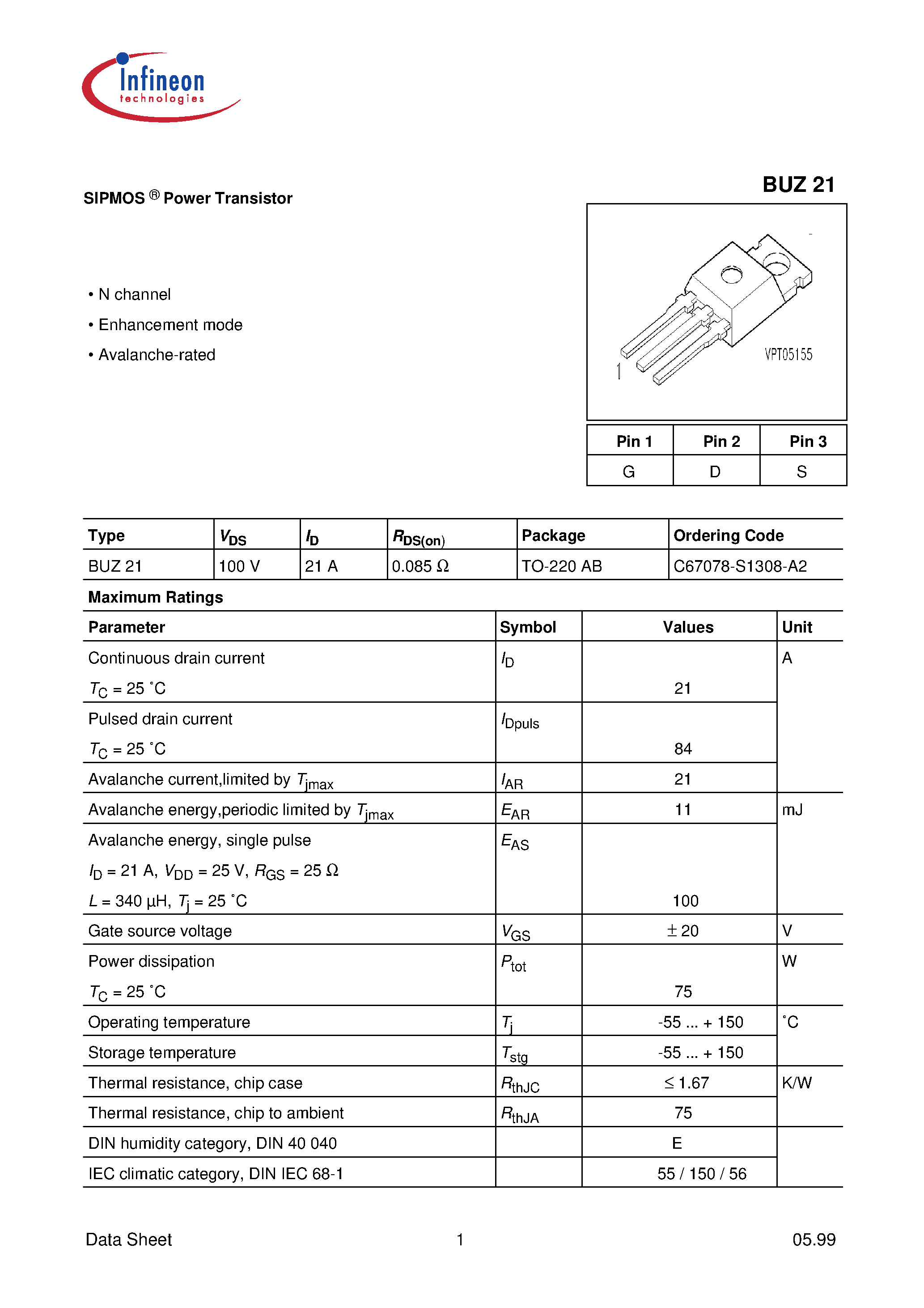 Даташит BUZ21 - SIPMOS Power Transistor страница 1