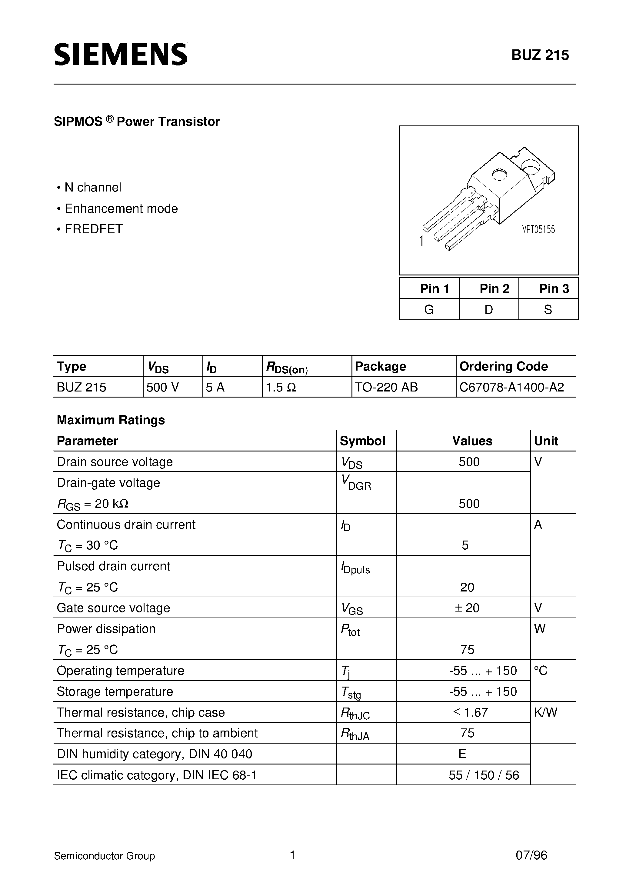 Даташит BUZ215 - SIPMOS Power Transistor (N channel Enhancement mode FREDFET) страница 1