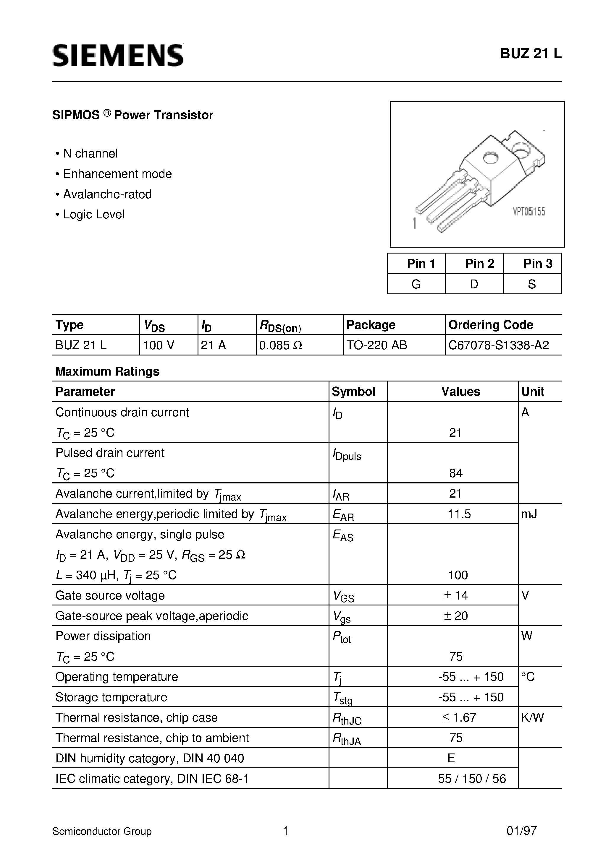 Даташит BUZ21L - SIPMOS Power Transistor (N channel Enhancement mode Avalanche-rated Logic Level) страница 1