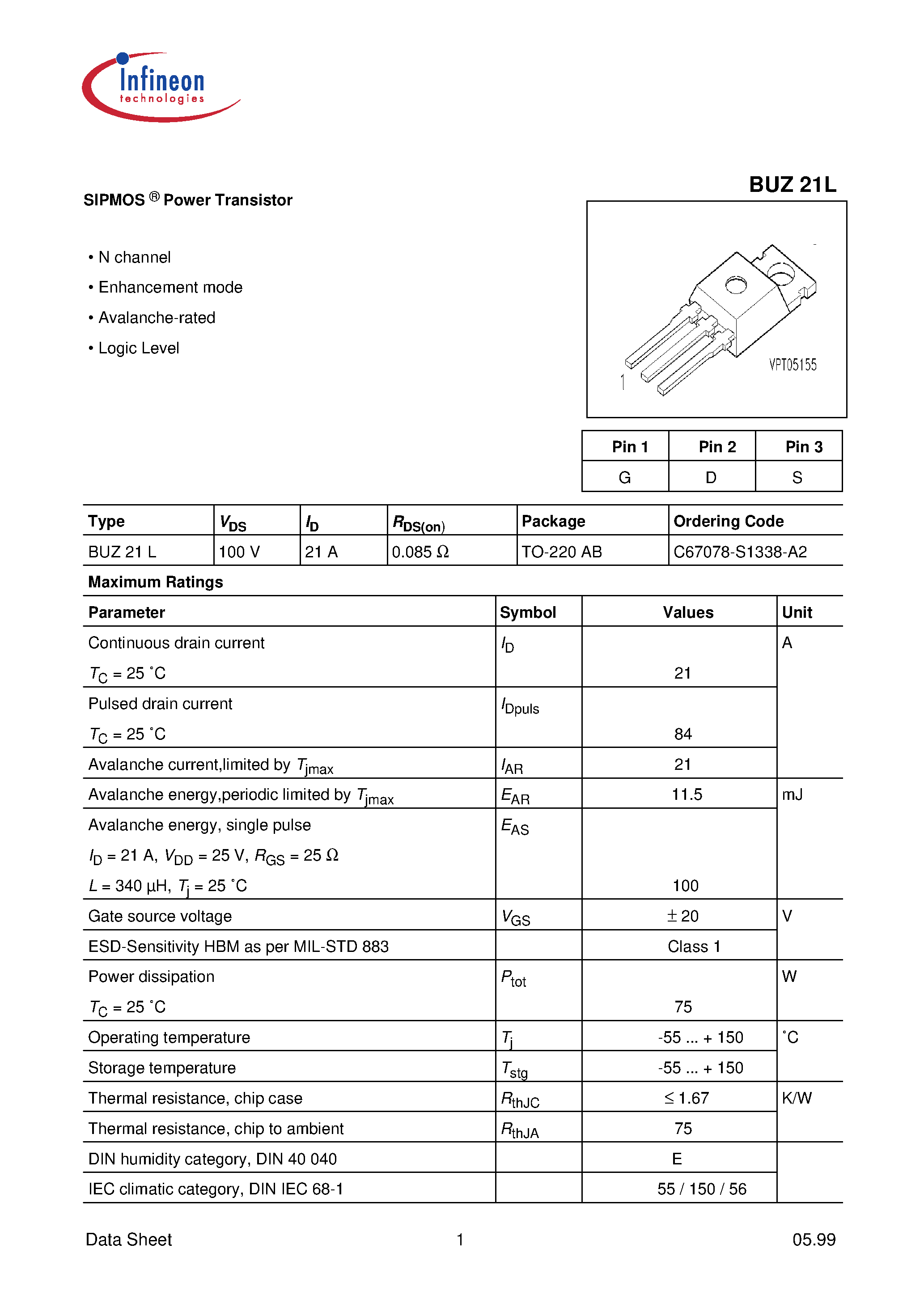 Даташит BUZ21L - SIPMOS Power Transistor страница 1