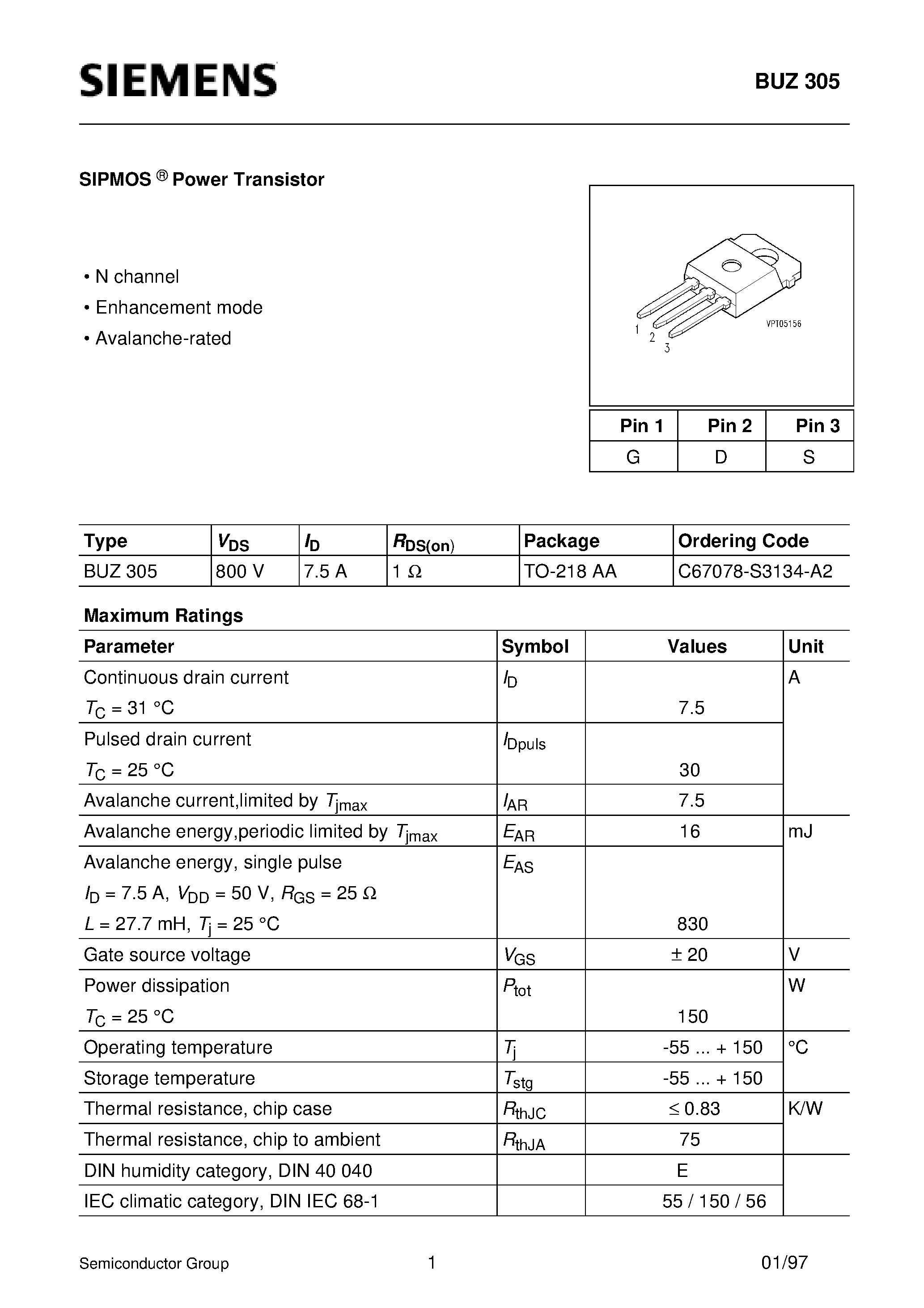 Даташит BUZ305 - SIPMOS Power Transistor (N channel Enhancement mode Avalanche-rated) страница 1