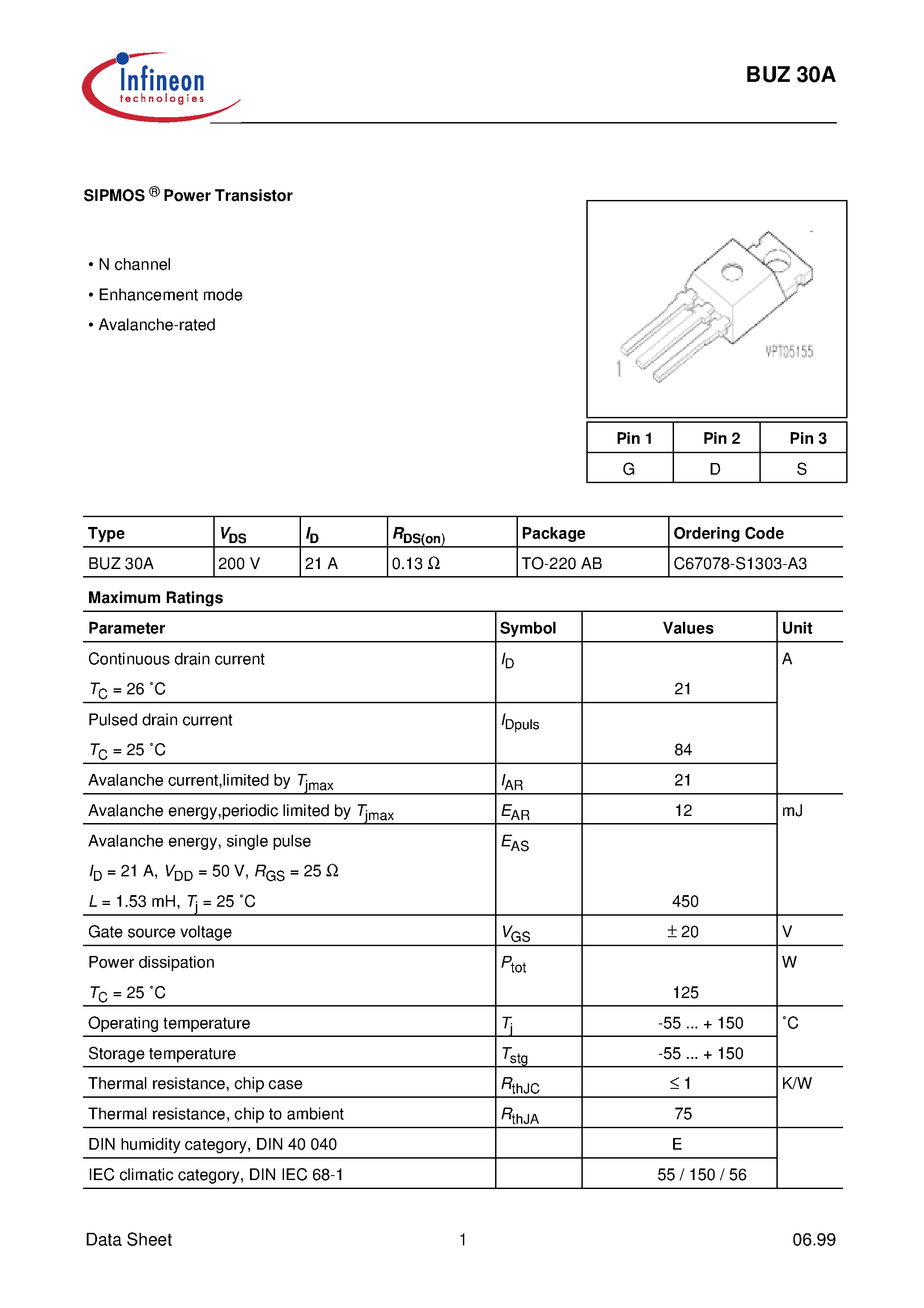 Даташит BUZ30A - SIPMOS Power Transistor страница 1