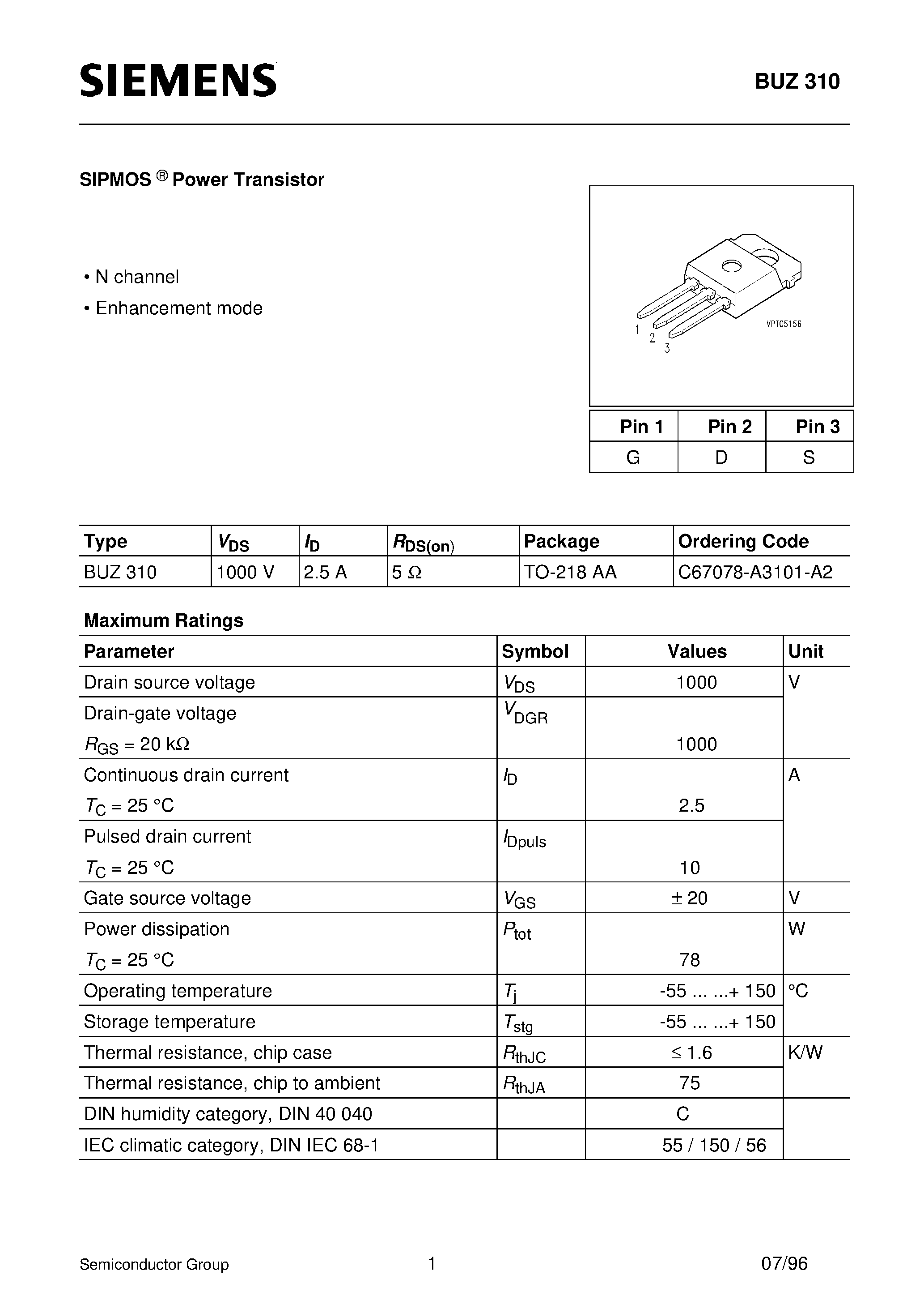 Даташит BUZ310 - SIPMOS Power Transistor (N channel Enhancement mode) страница 1