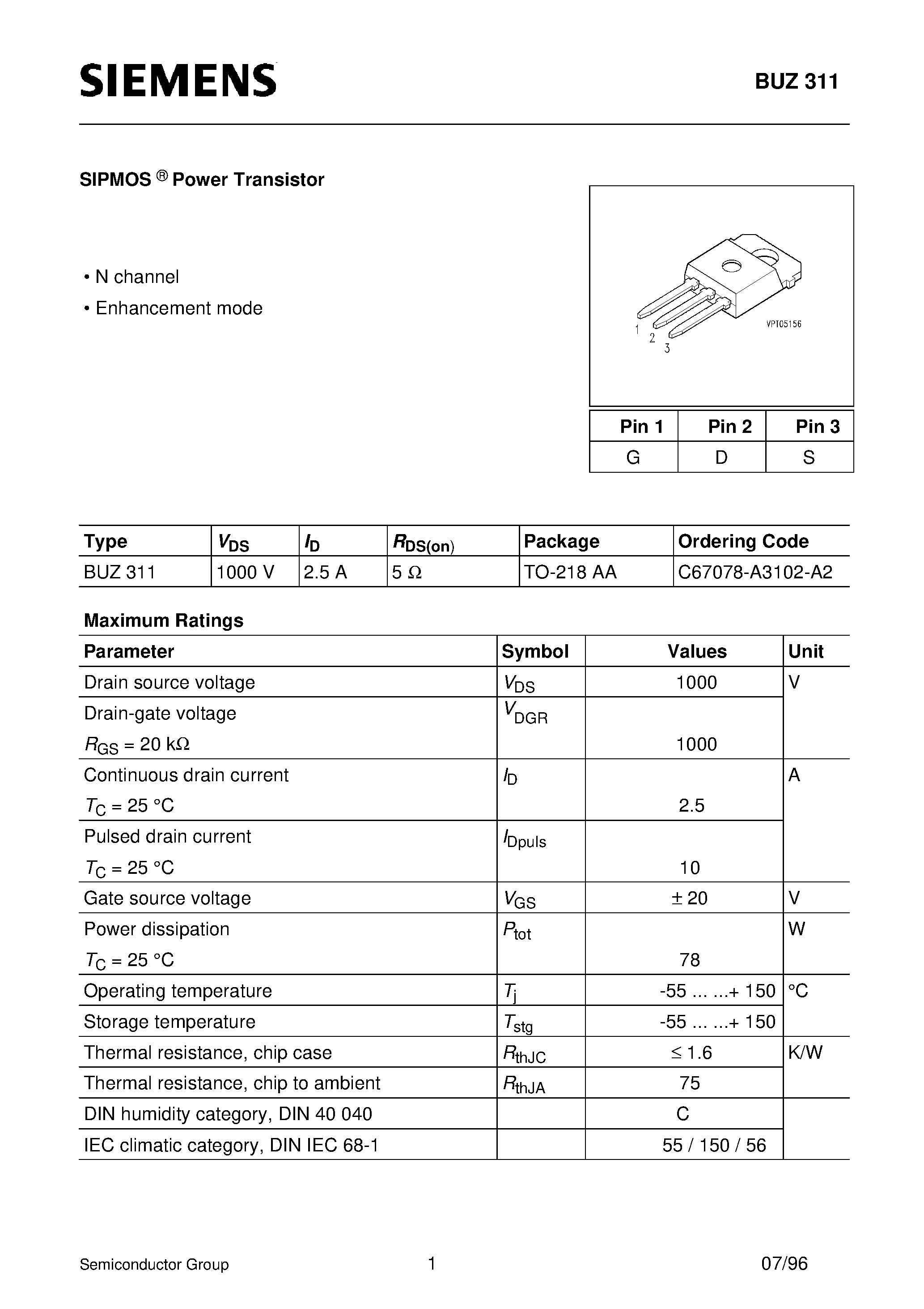 Даташит BUZ311 - SIPMOS Power Transistor (N channel Enhancement mode) страница 1