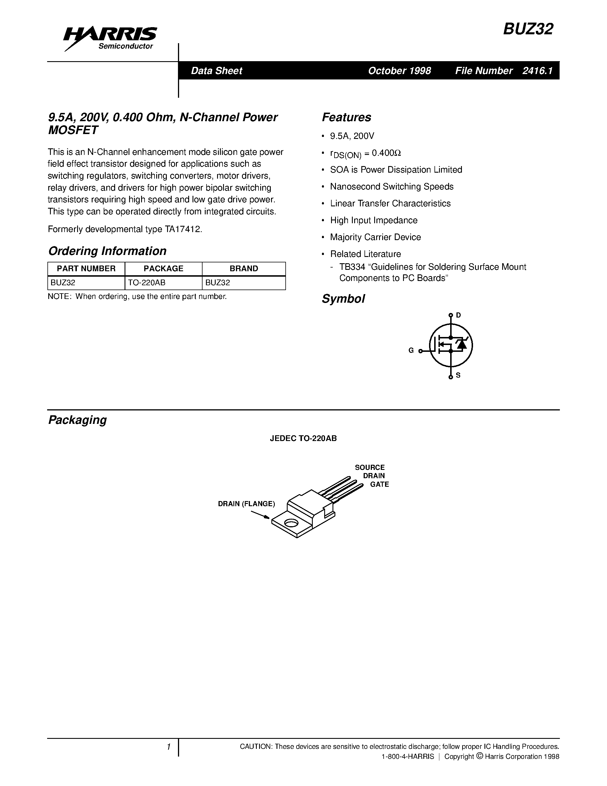 Даташит BUZ32 - 9.5A/ 200V/ 0.400 Ohm/ N-Channel Power MOSFET страница 1