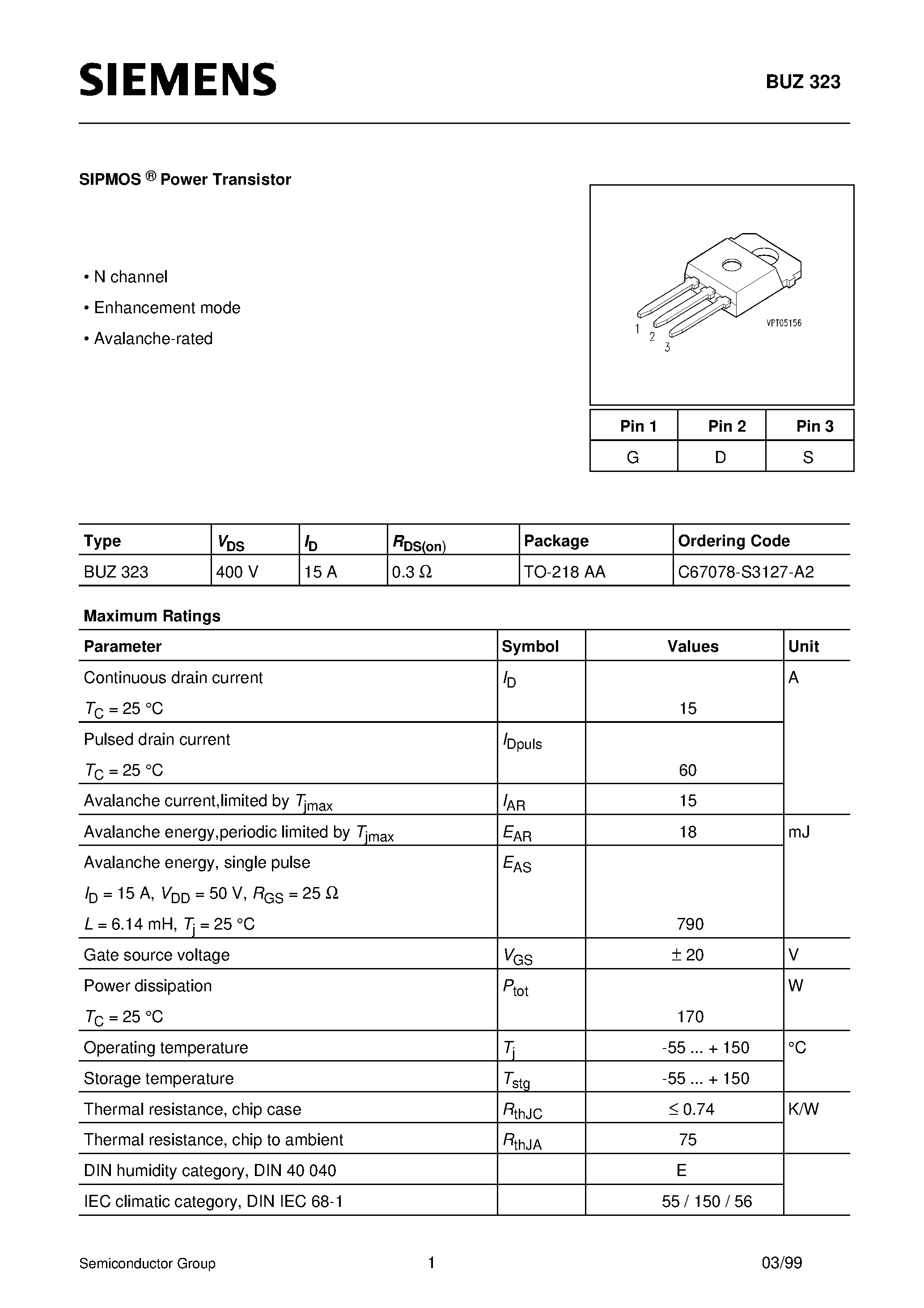 Даташит BUZ323 - SIPMOS Power Transistor страница 1