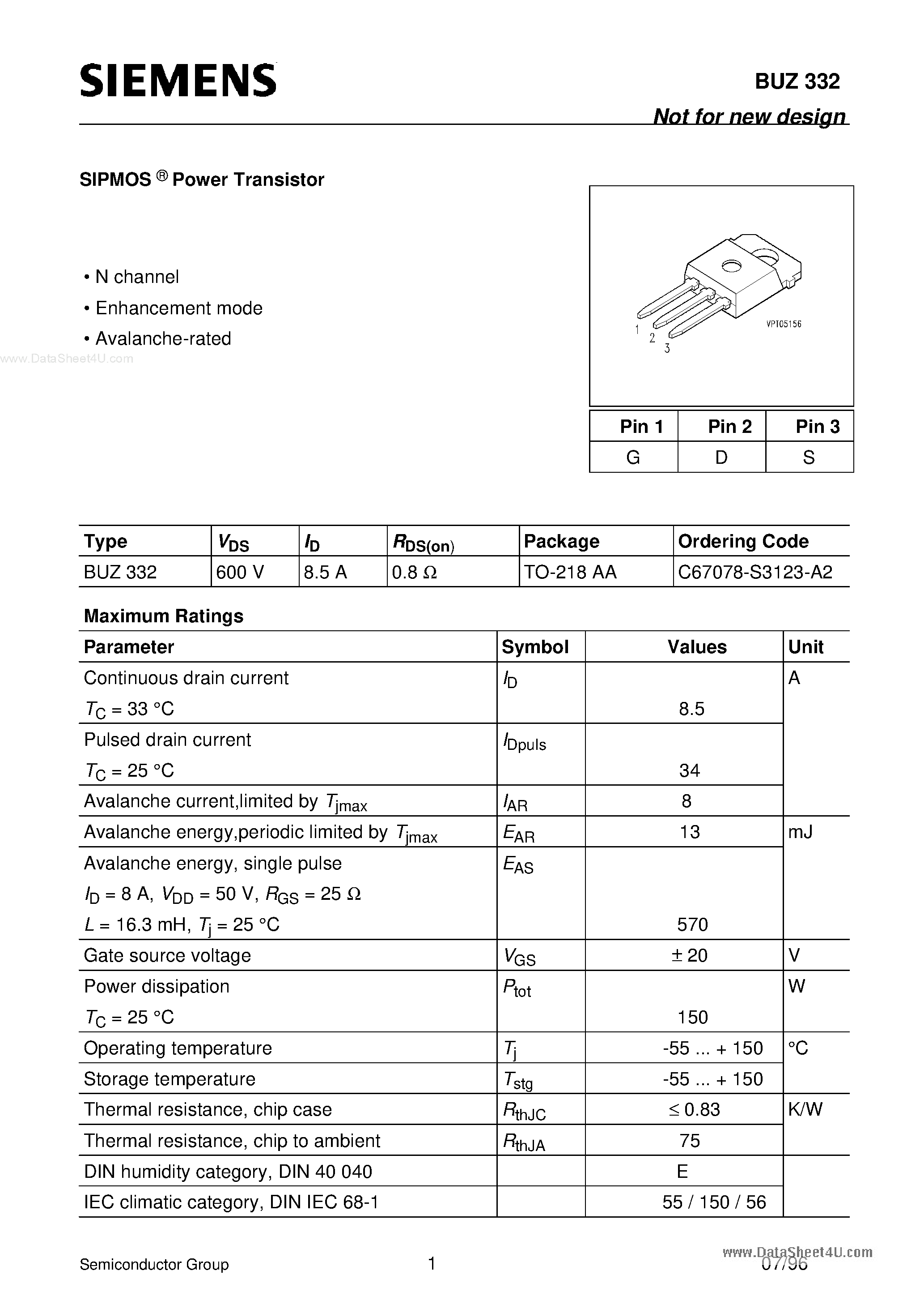 Даташит BUZ332 - SIPMOS Power Transistor(N Channel) страница 1