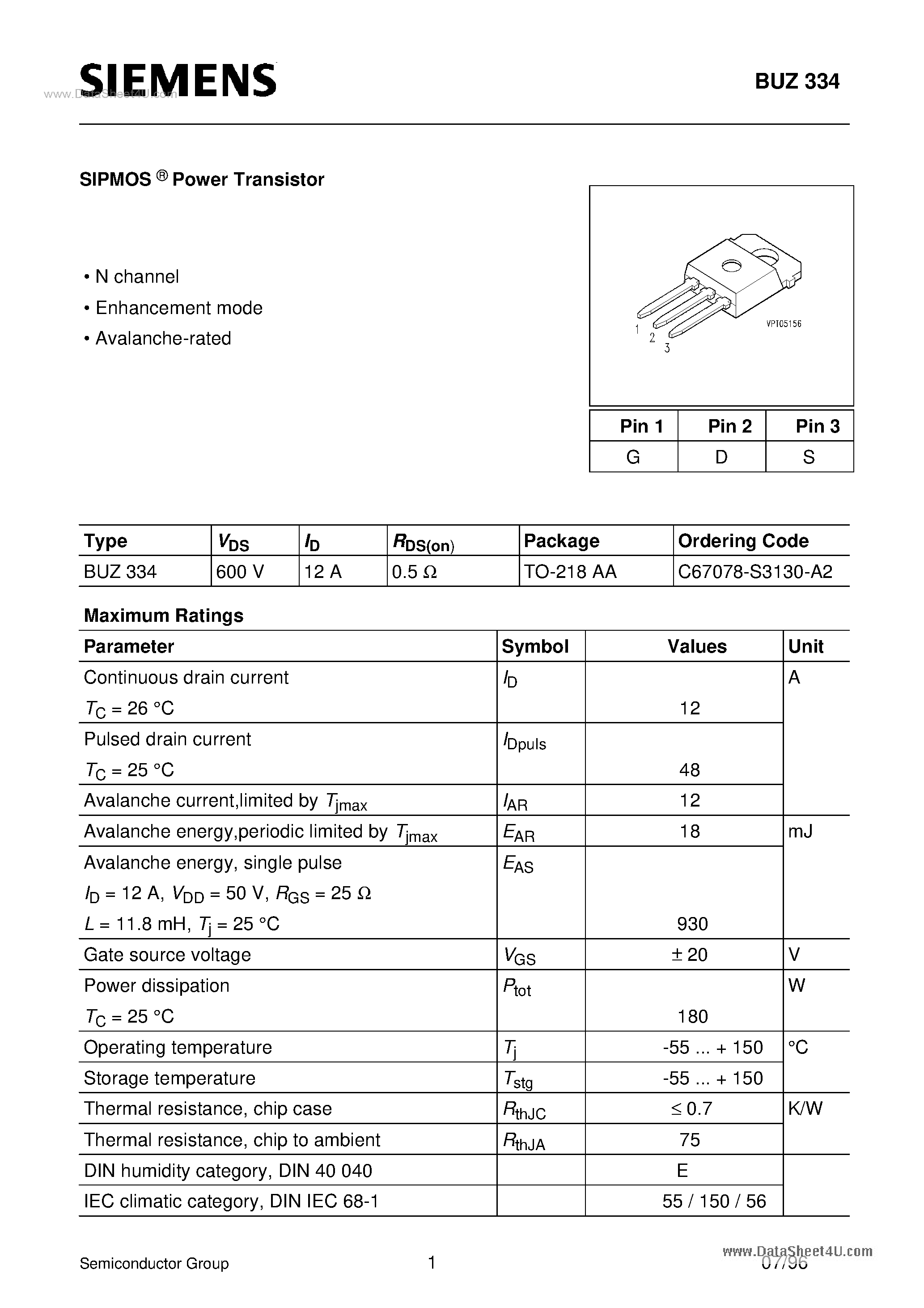 Даташит BUZ334 - SIPMOS Power Transistor (N channel Enhancement mode Avalanche-rated) страница 1