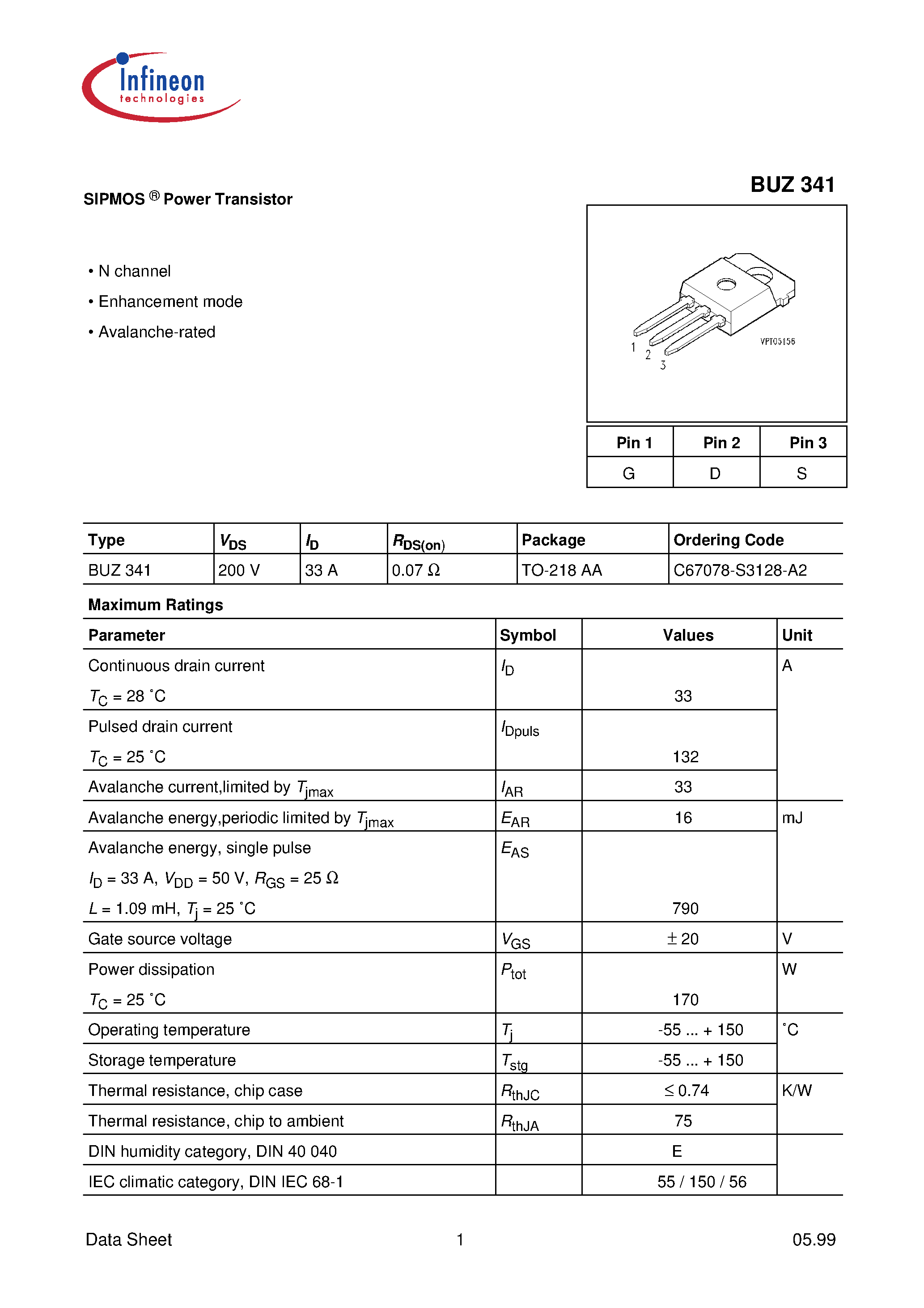 Даташит BUZ341 - SIPMOS Power Transistor страница 1