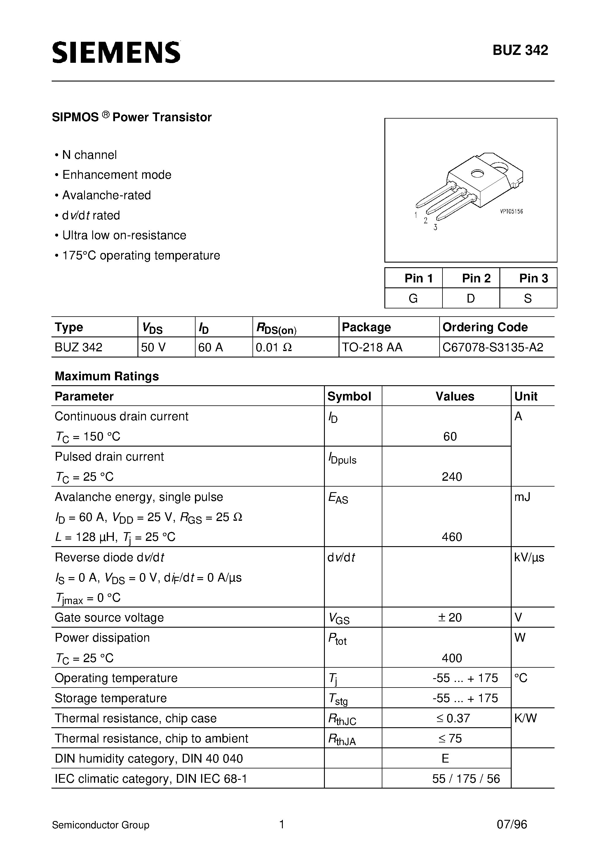 Datasheet BUZ342 - SIPMOS Power Transistor (N channel Enhancement mode Avalanche-rated d v/d t rated Ultra low on-resistance) page 1