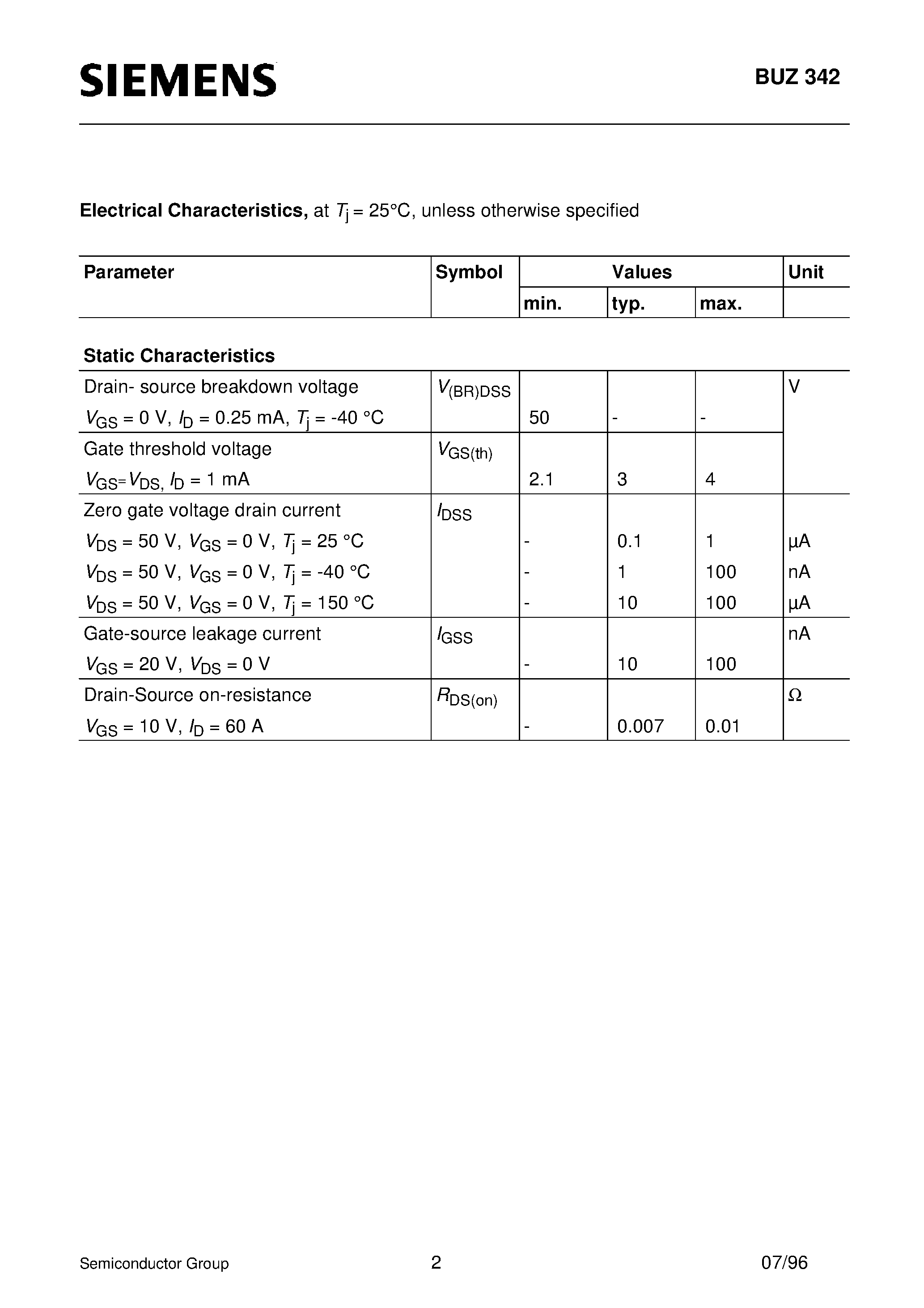 Datasheet BUZ342 - SIPMOS Power Transistor (N channel Enhancement mode Avalanche-rated d v/d t rated Ultra low on-resistance) page 2