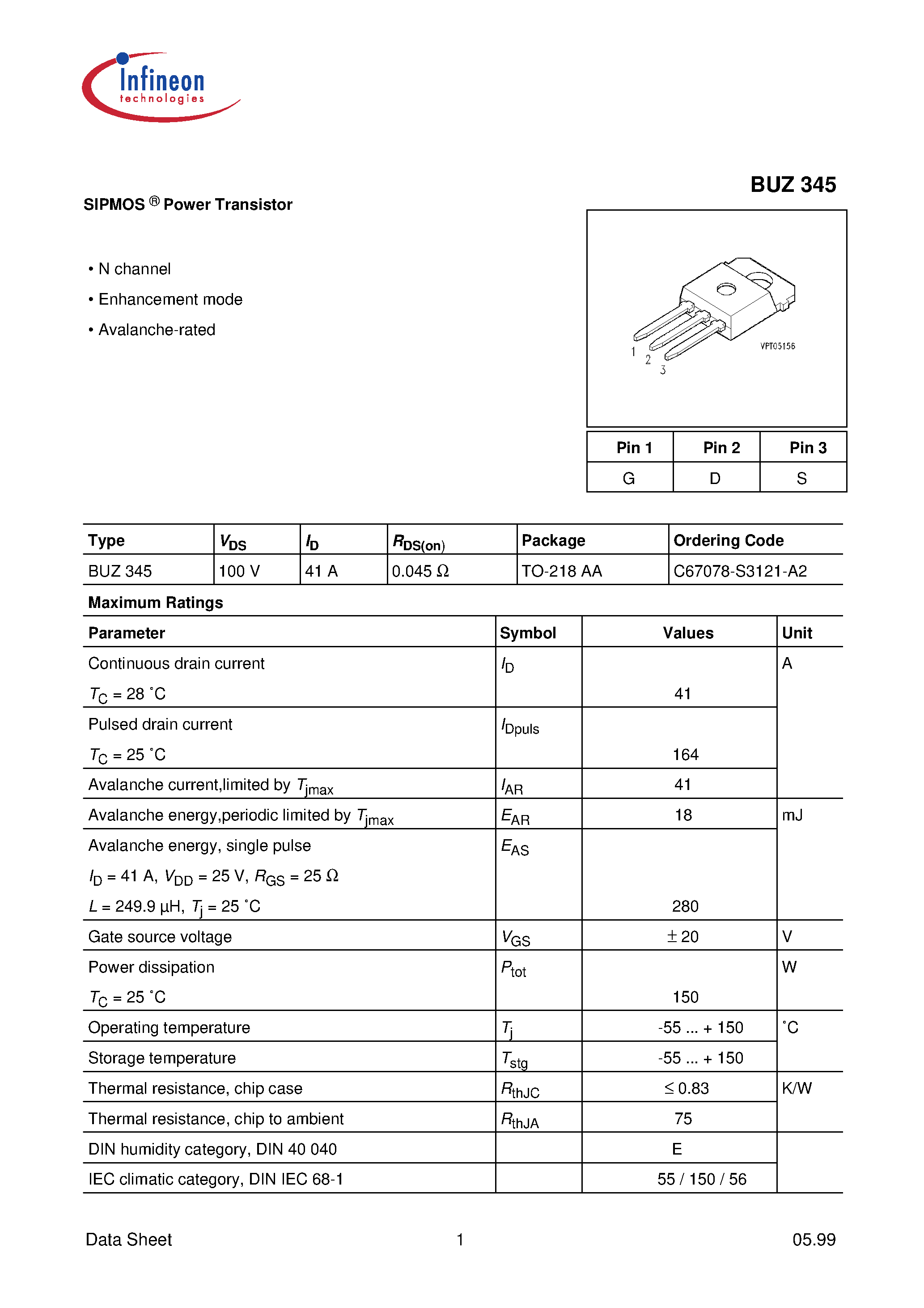 Даташит BUZ345 - SIPMOS Power Transistor страница 1