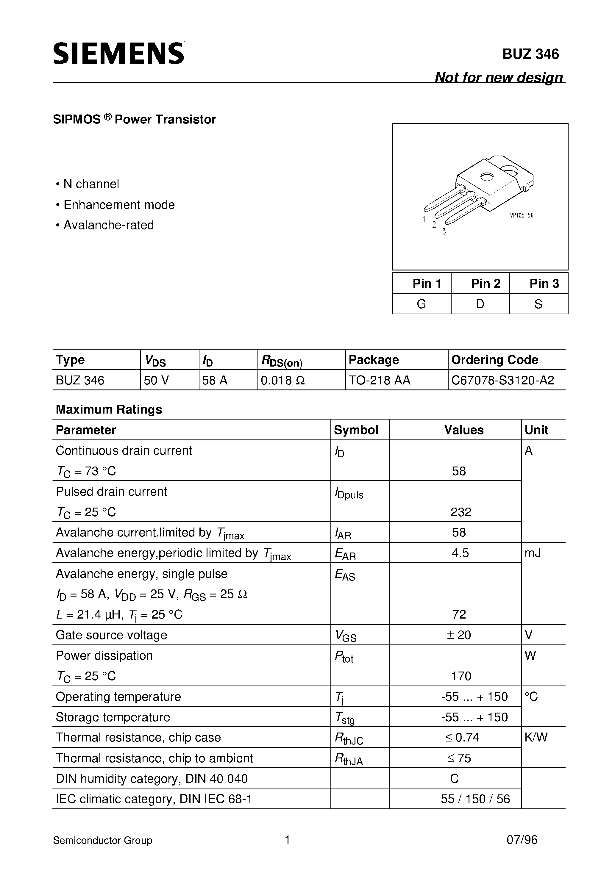 Даташит BUZ346 - SIPMOS Power Transistor (N channel Enhancement mode Avalanche-rated) страница 1