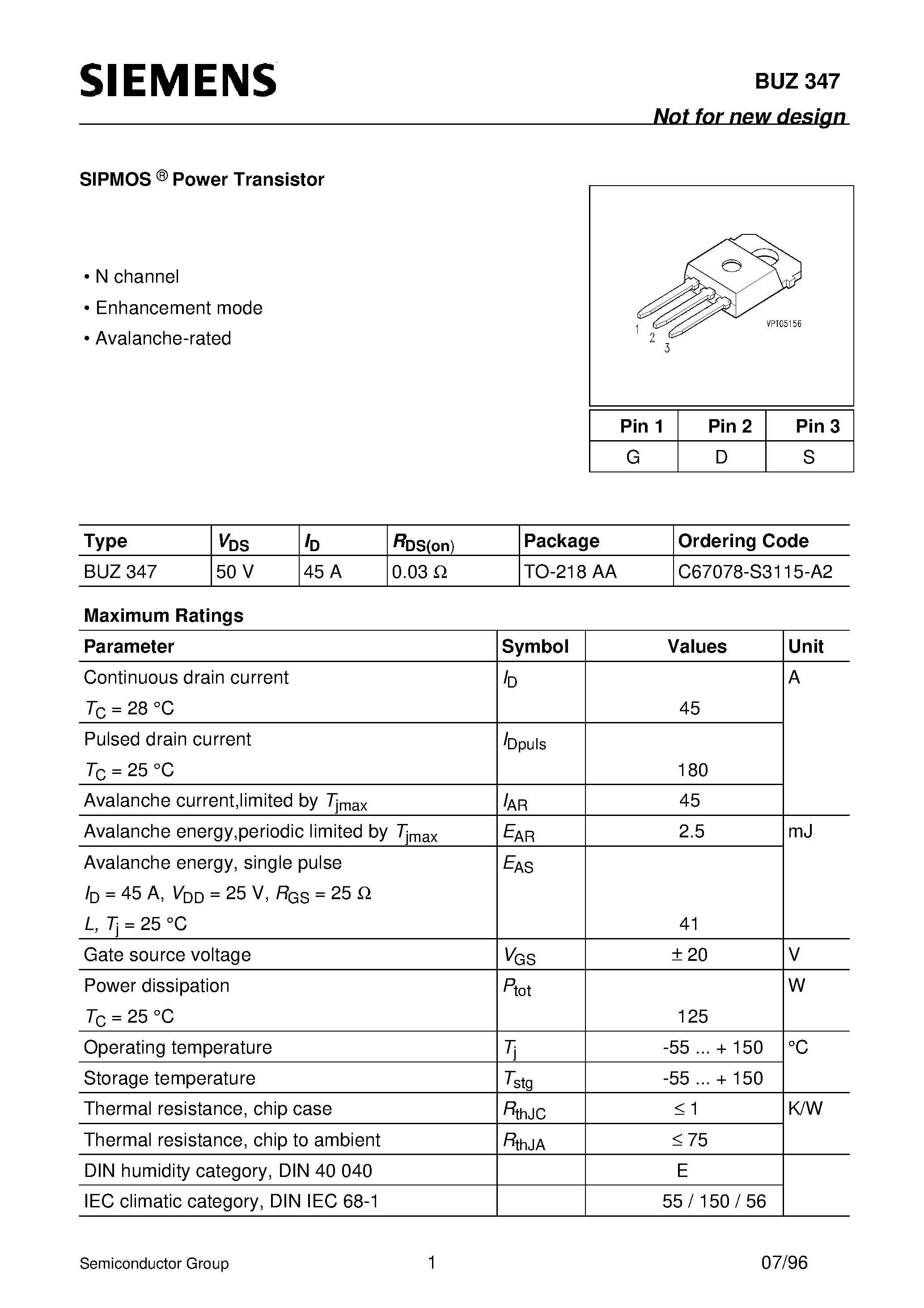 Даташит BUZ347 - SIPMOS Power Transistor (N channel Enhancement mode Avalanche-rated) страница 1