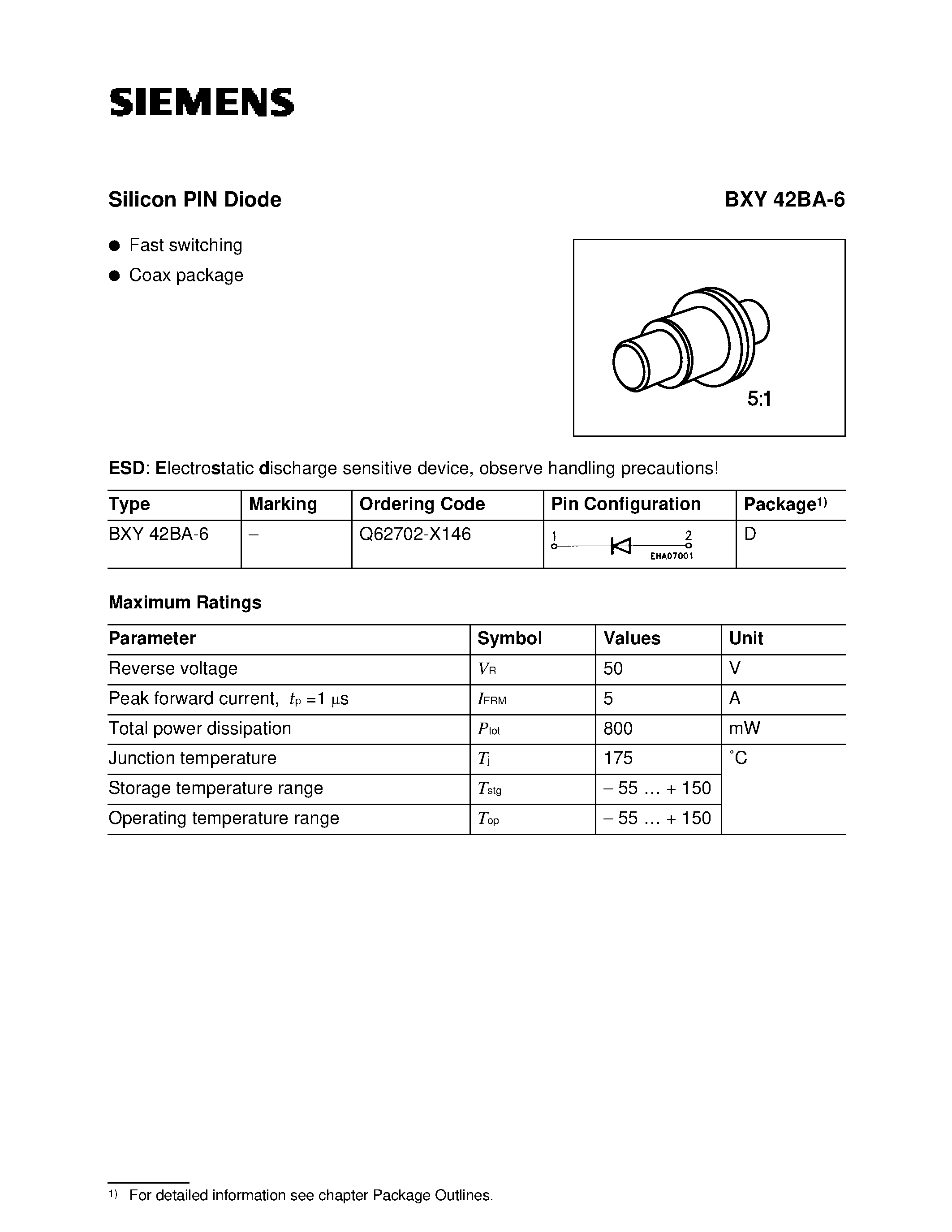 Даташит BXY42BA-6 - Silicon PIN Diode (Fast switching Coax package) страница 1