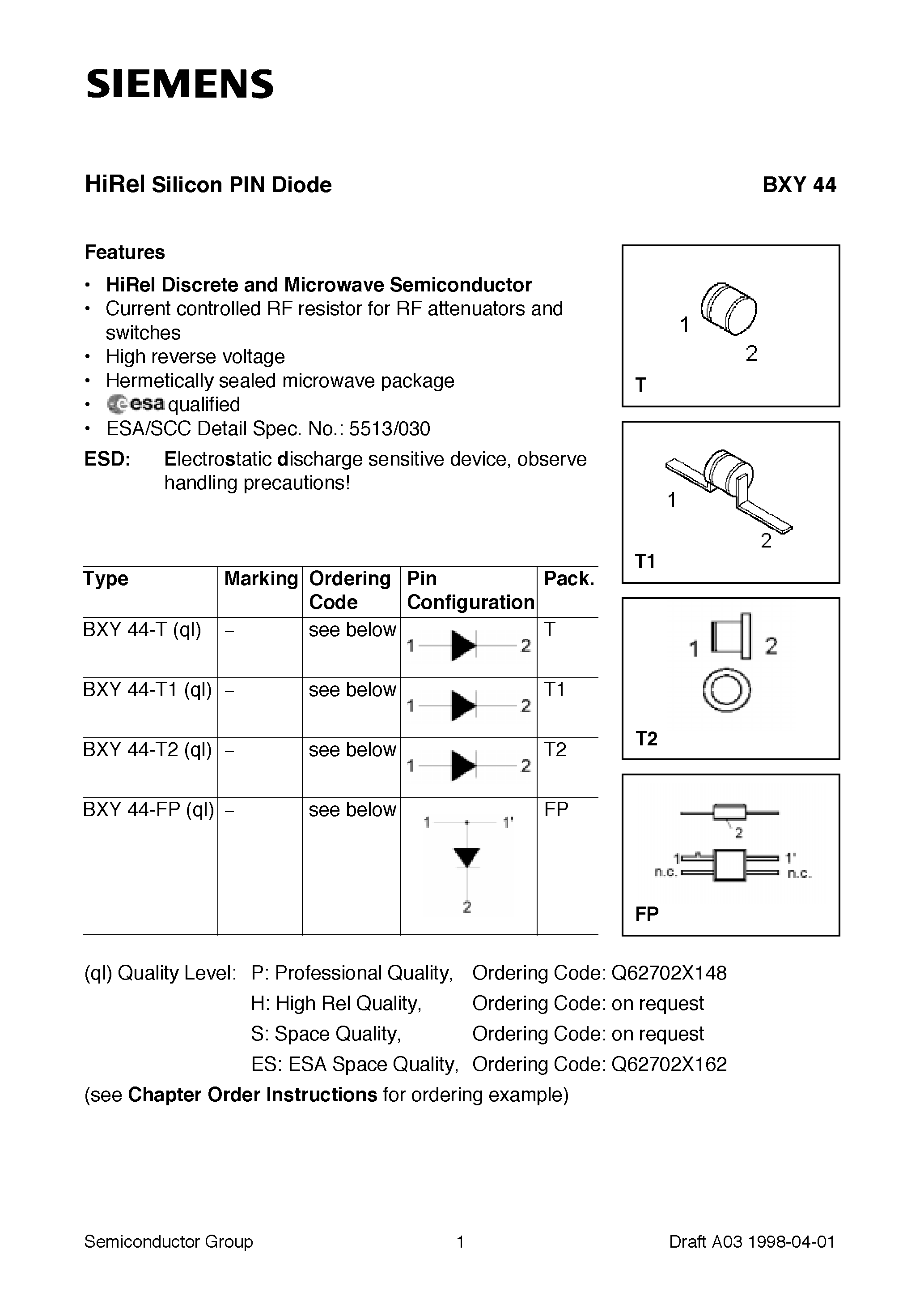 Даташит BXY44-T2 - HiRel Silicon PIN Diode (HiRel Discrete and Microwave Semiconductor Current controlled RF resistor for RF attenuators and switches) страница 1