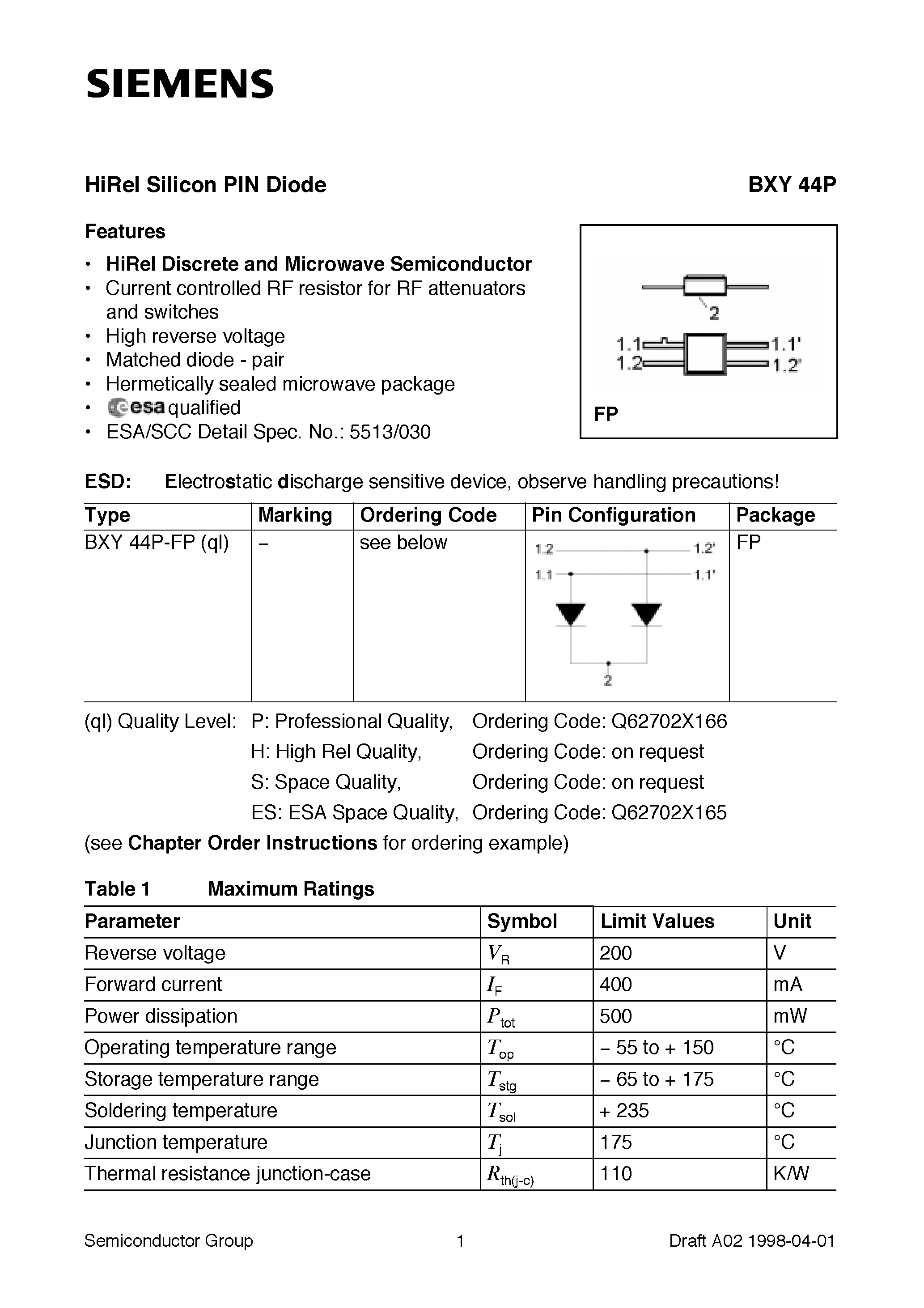 Даташит BXY44P - HiRel Silicon PIN Diode (HiRel Discrete and Microwave Semiconductor Current controlled RF resistor for RF attenuators and switches) страница 1