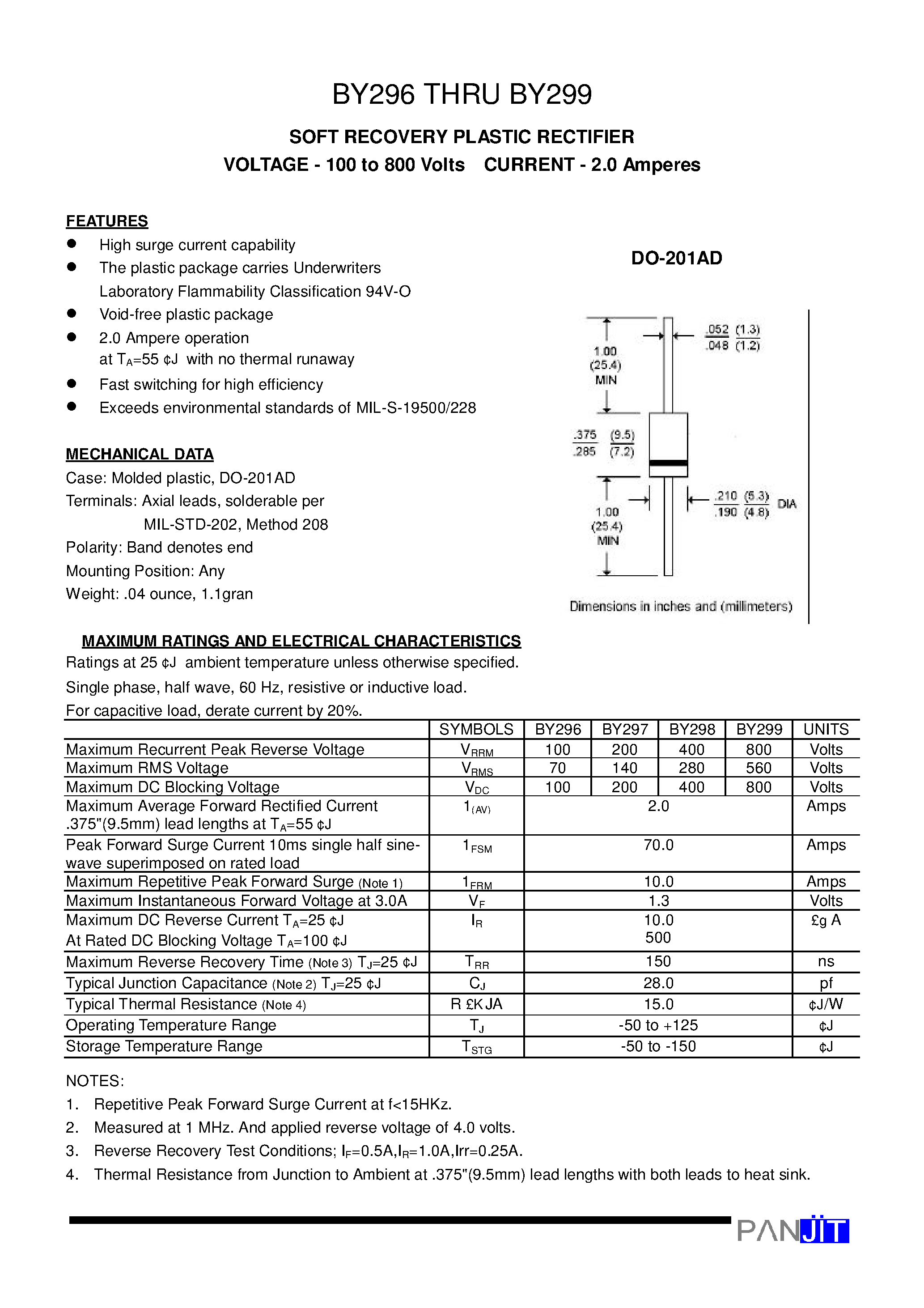 Datasheet BY299 page 1 Datasheet BY299 - SOFT RECOVERY PLASTIC RECTIFIER(VOLTAGE - 100 to 800 Volts CURRENT - 2.0 Amperes) page 1