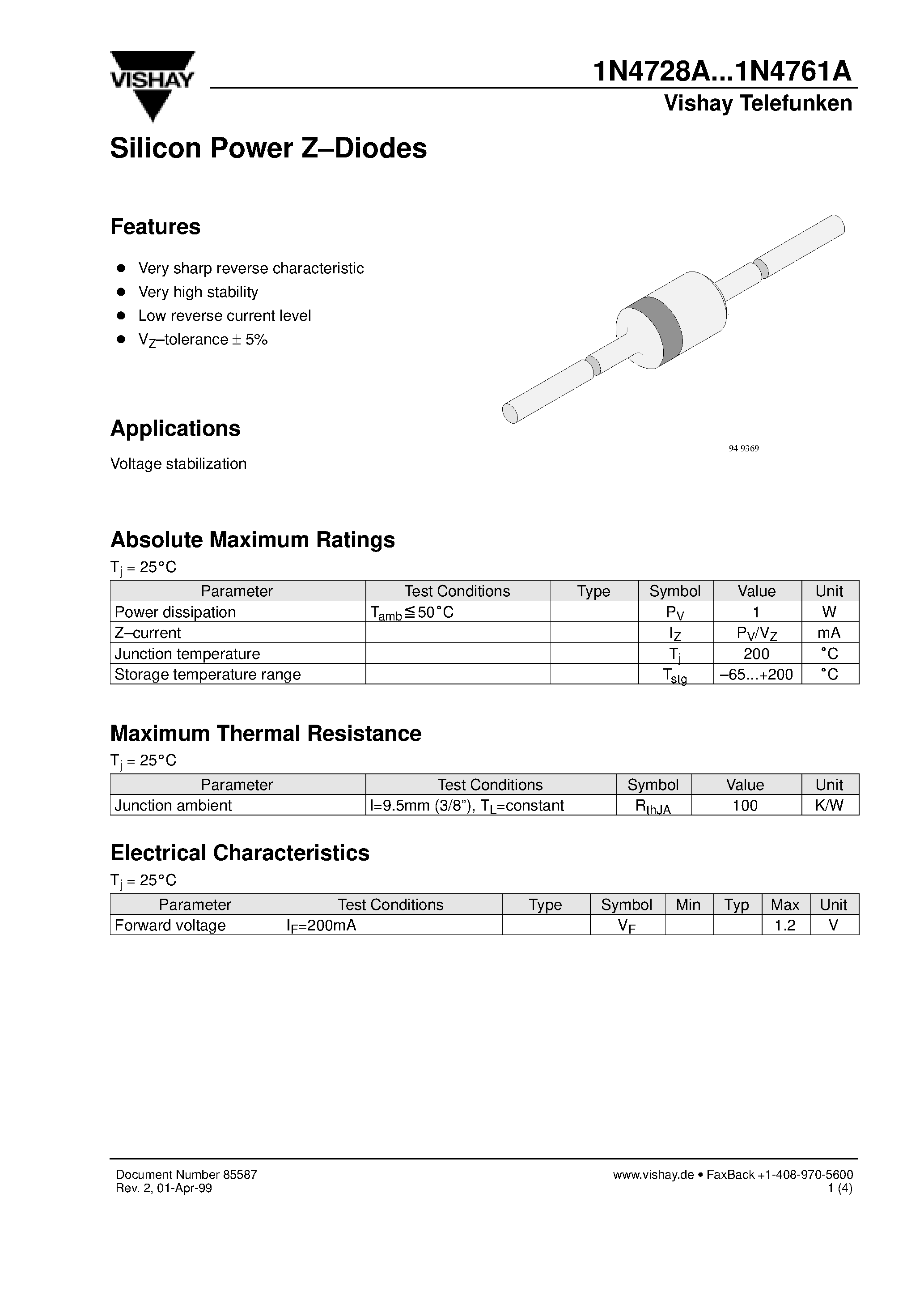 Datasheet 1N4753A - Silicon Power Z-Diodes page 1