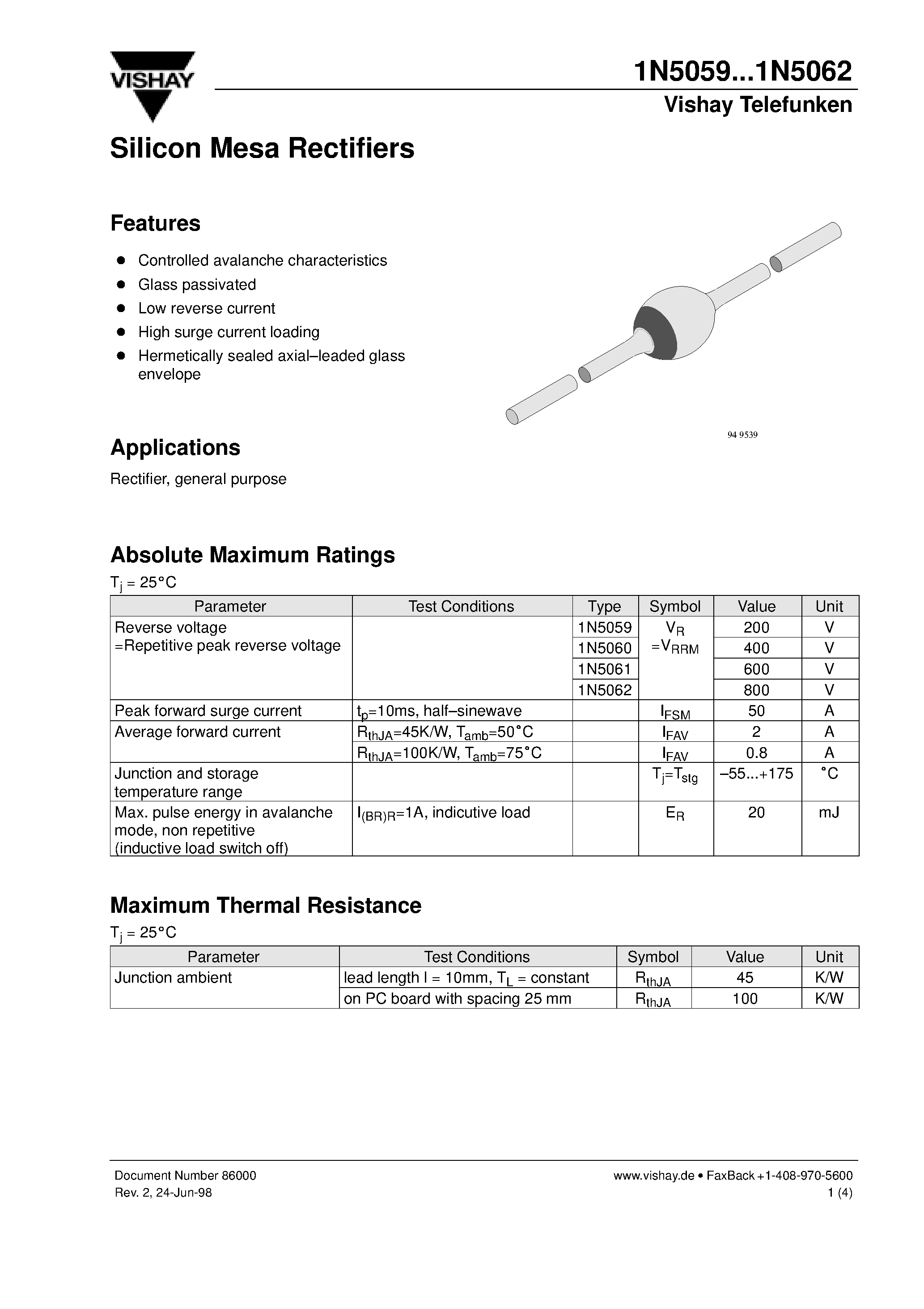 Datasheet 1N5059 - Silicon Mesa Rectifiers page 1