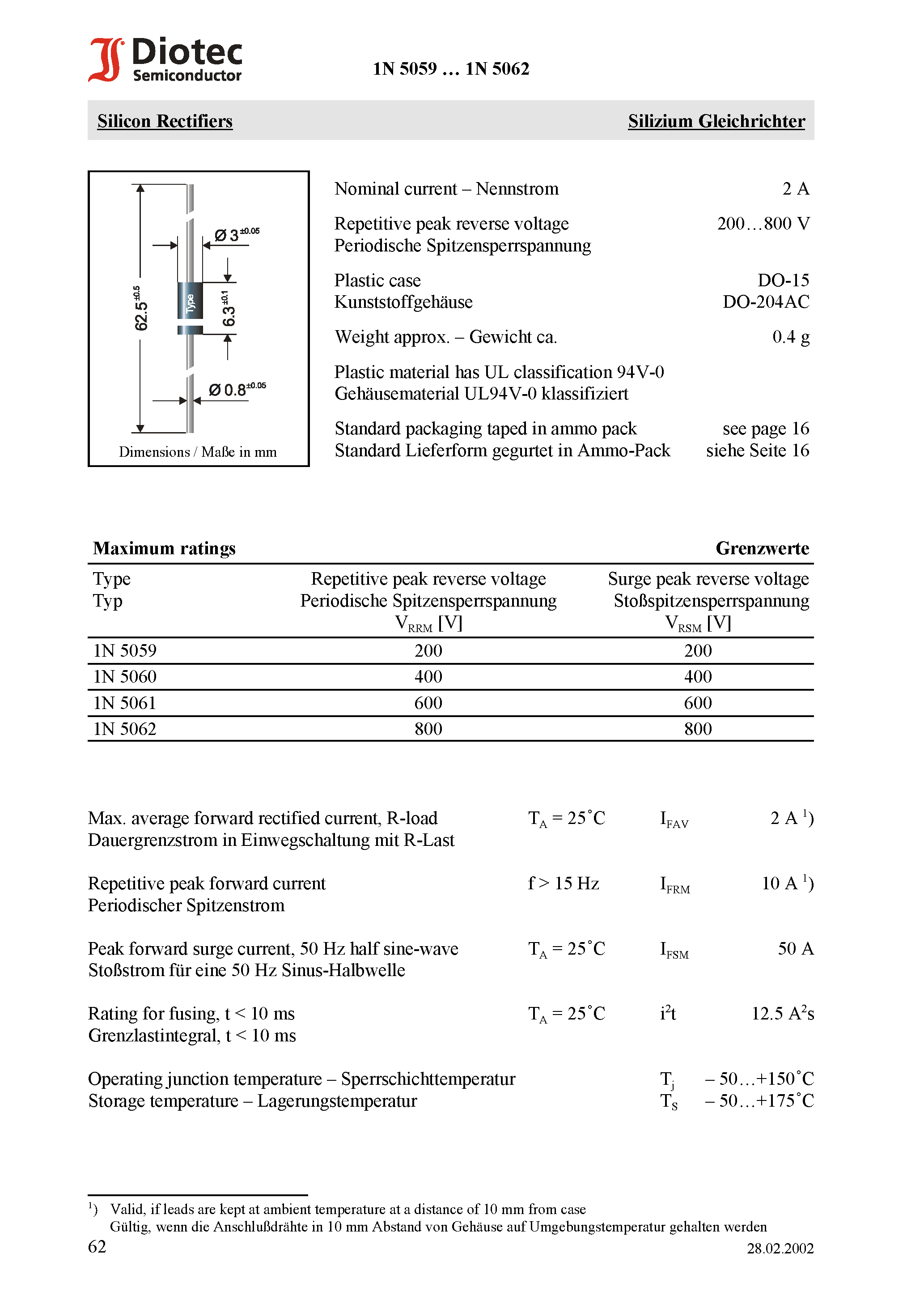 Datasheet 1N5059 - Silicon Rectifiers page 1