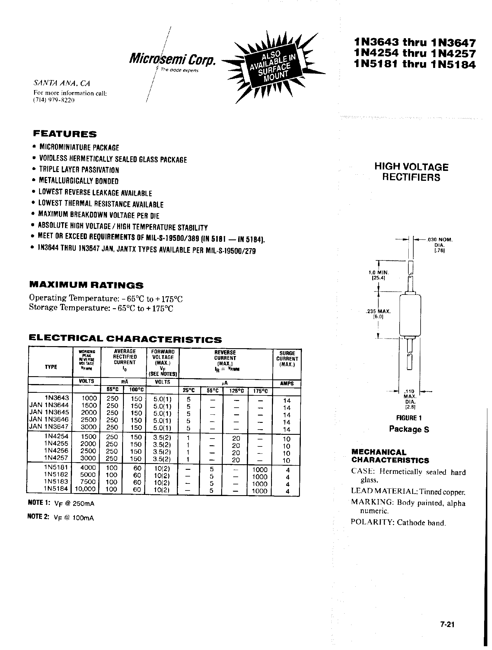 Datasheet 1N5181 - HIGH VOLTAGE RECTIFIERS page 1