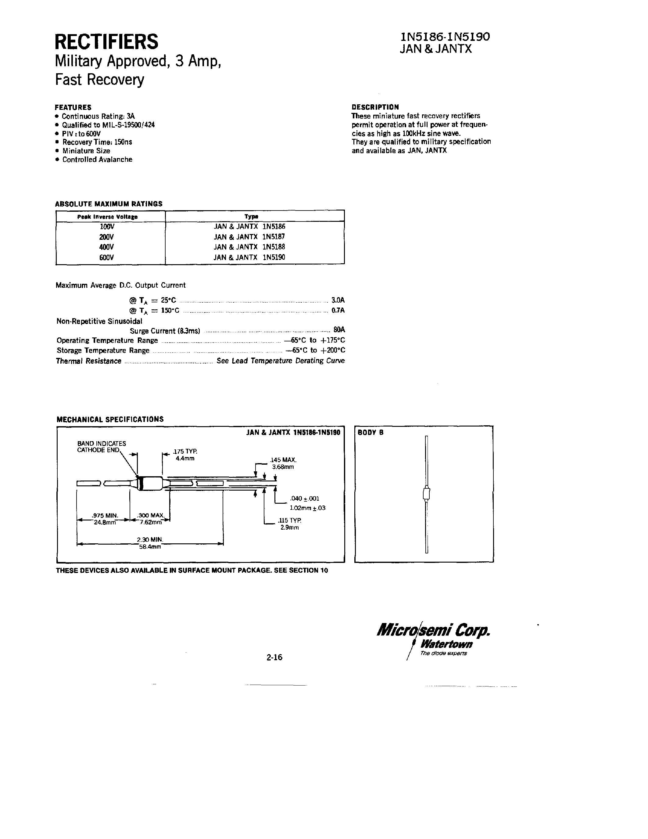 Datasheet 1N5186 - RECTIFIERS MILITARY APPROVED/ 3AMP/ FAST RECOVERY page 1