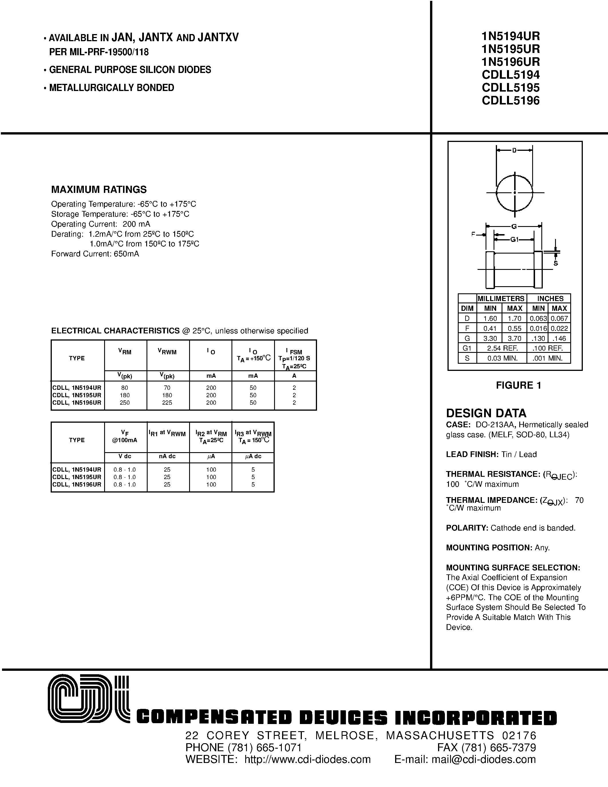 Datasheet 1N5194UR - GENERAL PURPOSE SILICON DIODES page 1