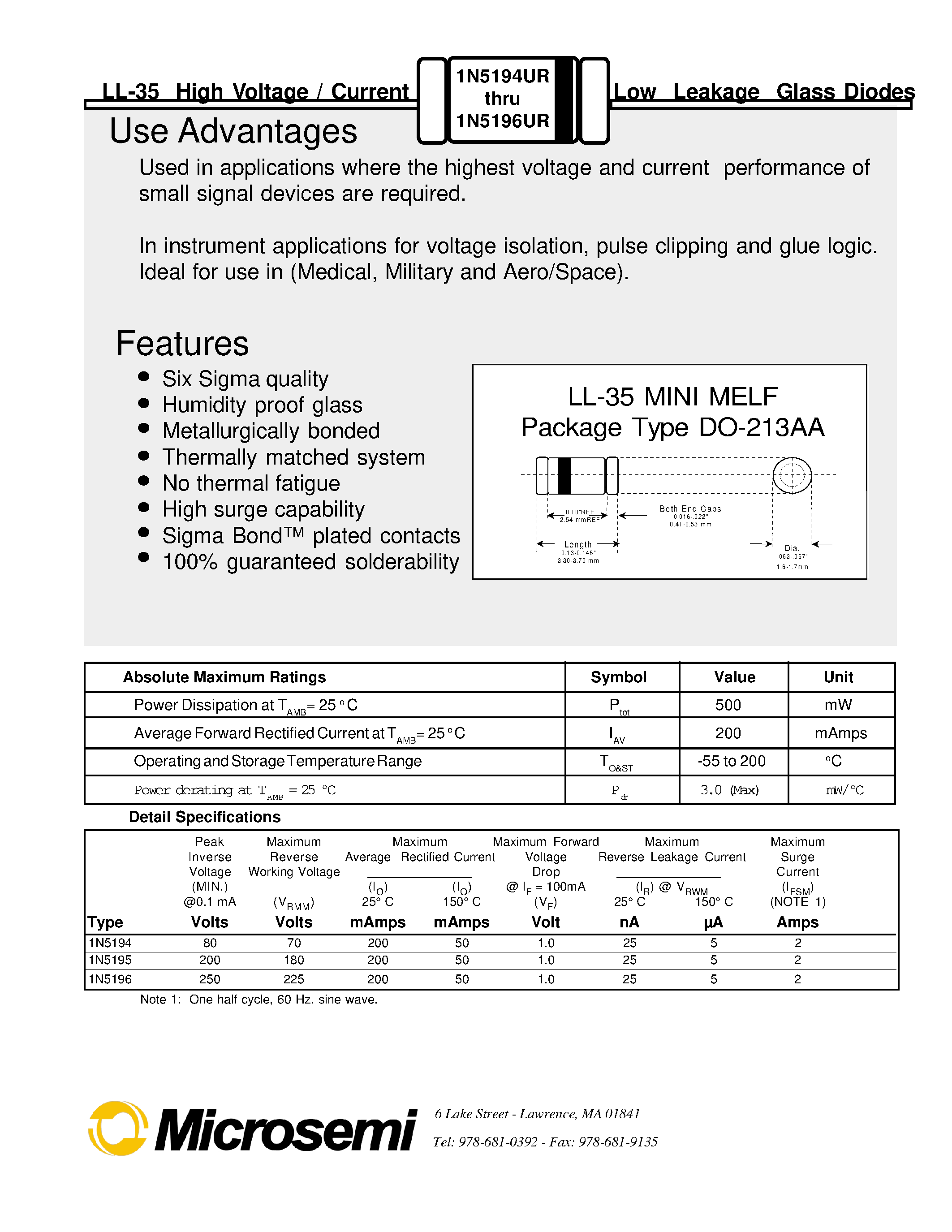 Datasheet 1N5194UR - LL-35 High Voltage / Current Low Leakage Glass Diodes page 1