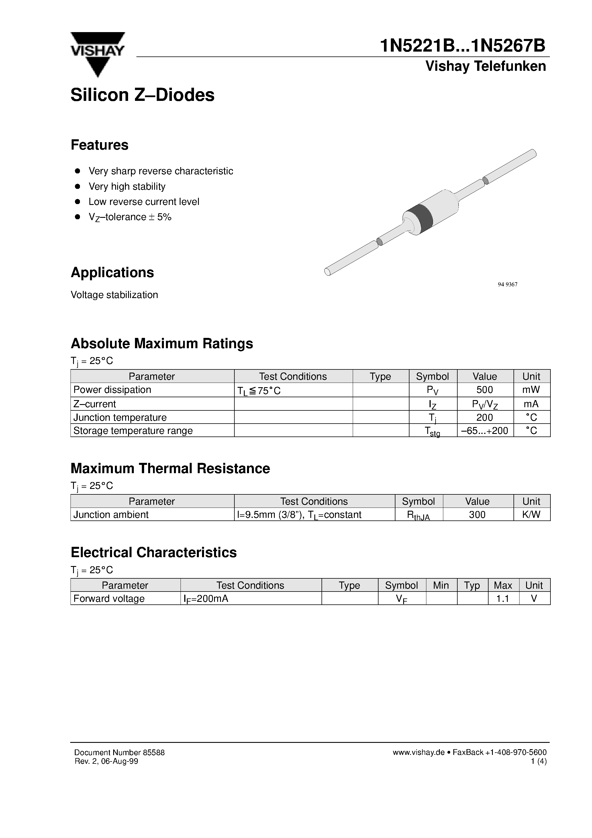 Datasheet 1N5222B - Silicon Z-Diodes page 1