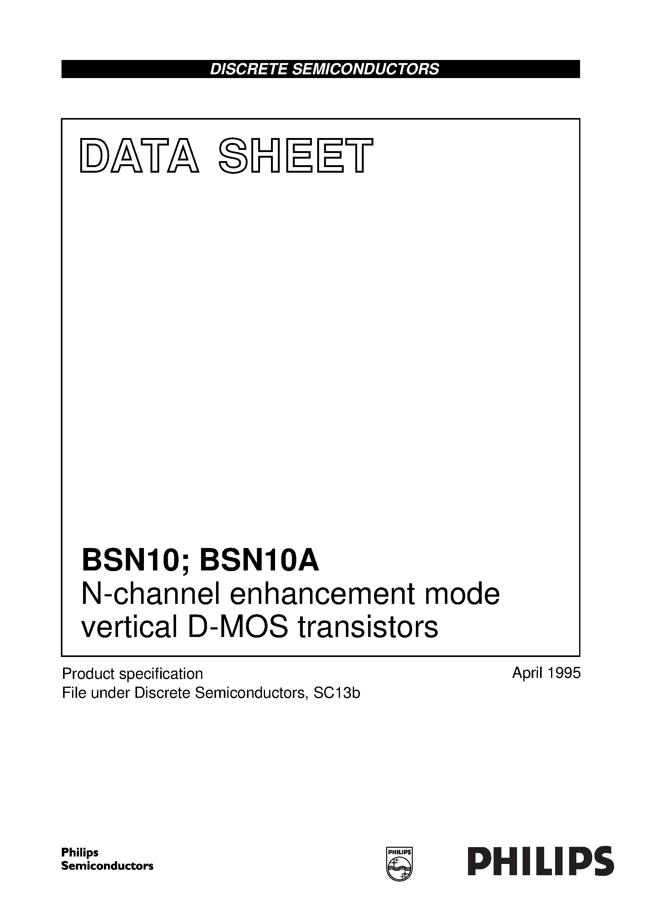 Даташит BSN10 - N-channel enhancement mode vertical D-MOS transistors страница 1