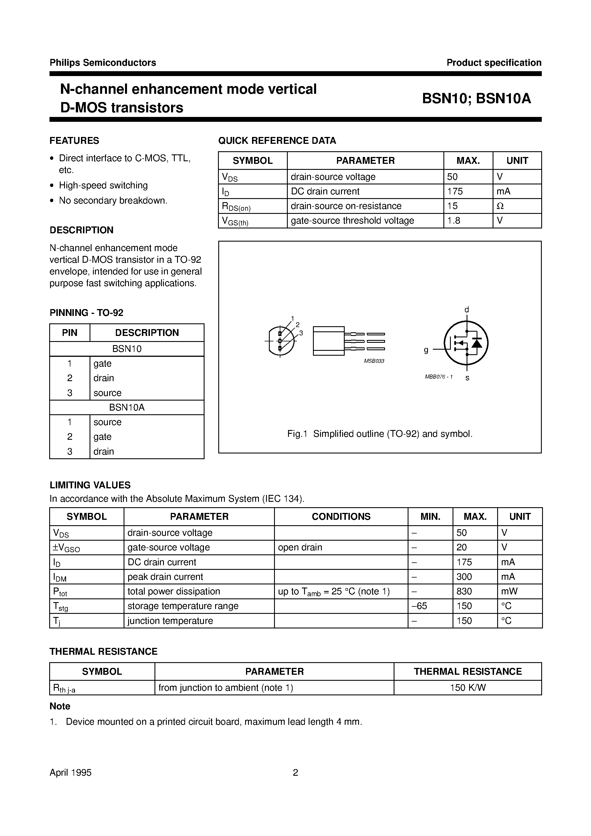 Даташит BSN10 - N-channel enhancement mode vertical D-MOS transistors страница 2