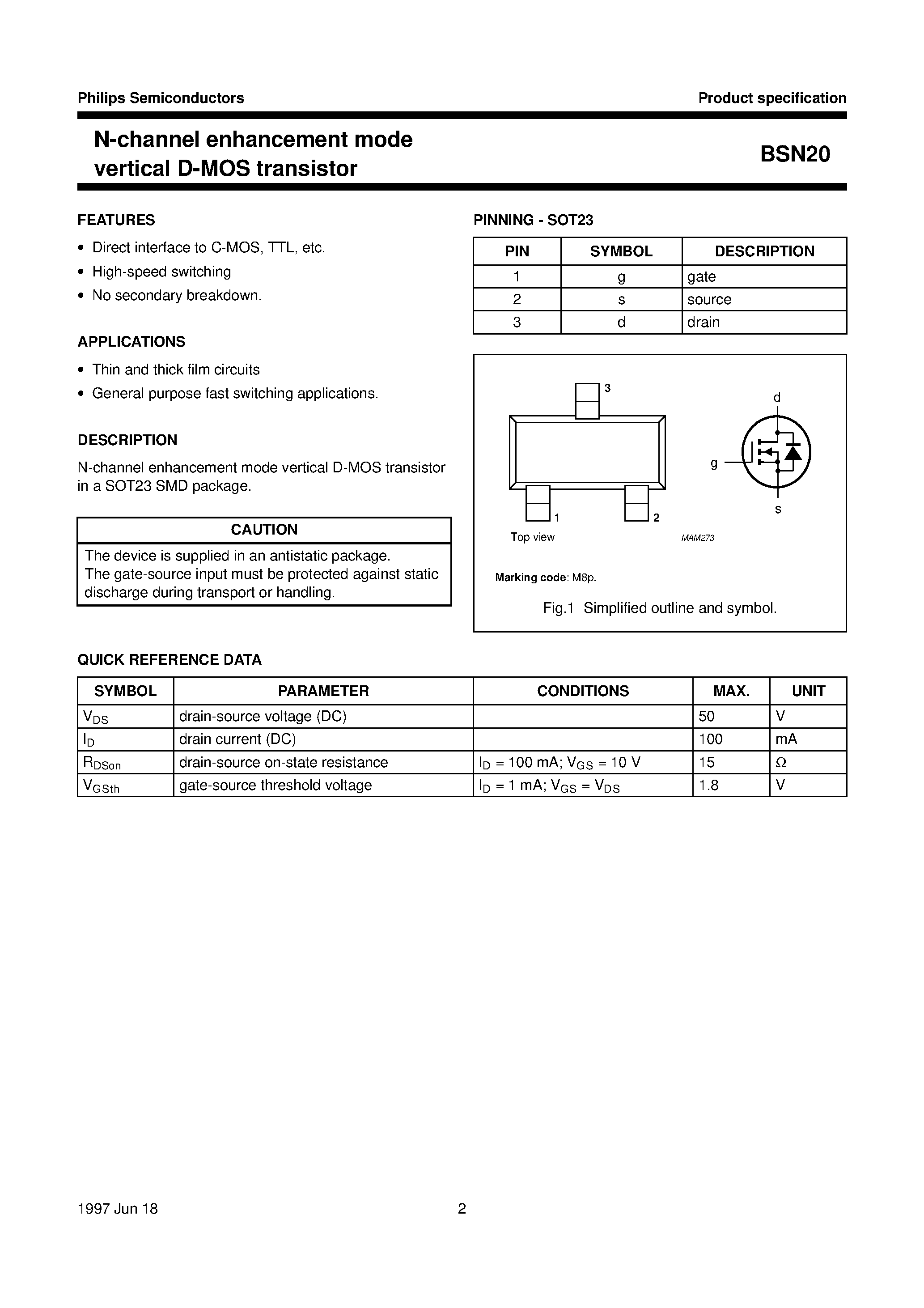 Даташит BSN20 - N-channel enhancement mode vertical D-MOS transistor страница 2