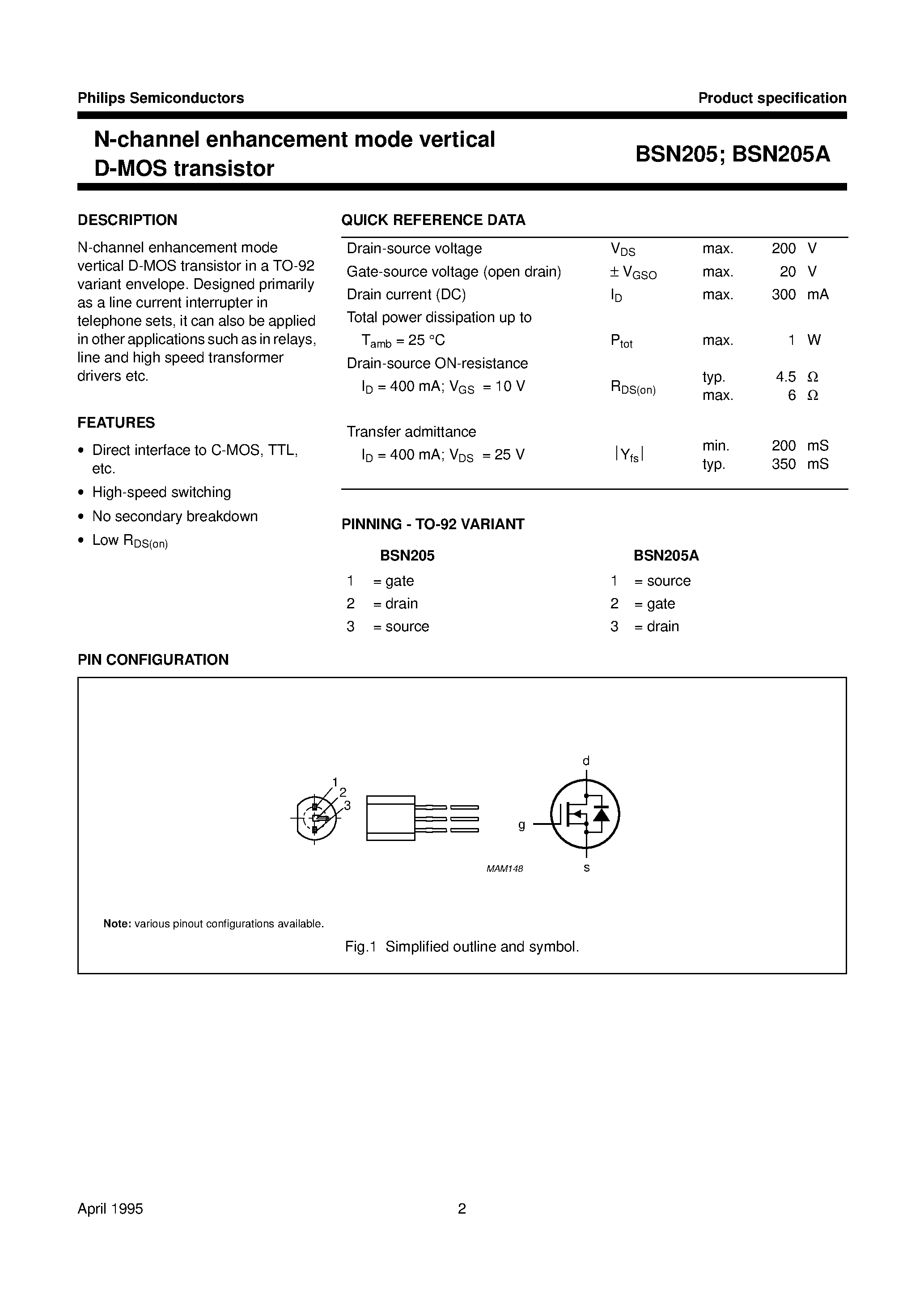 Даташит BSN205 - N-channel enhancement mode vertical D-MOS transistor страница 2