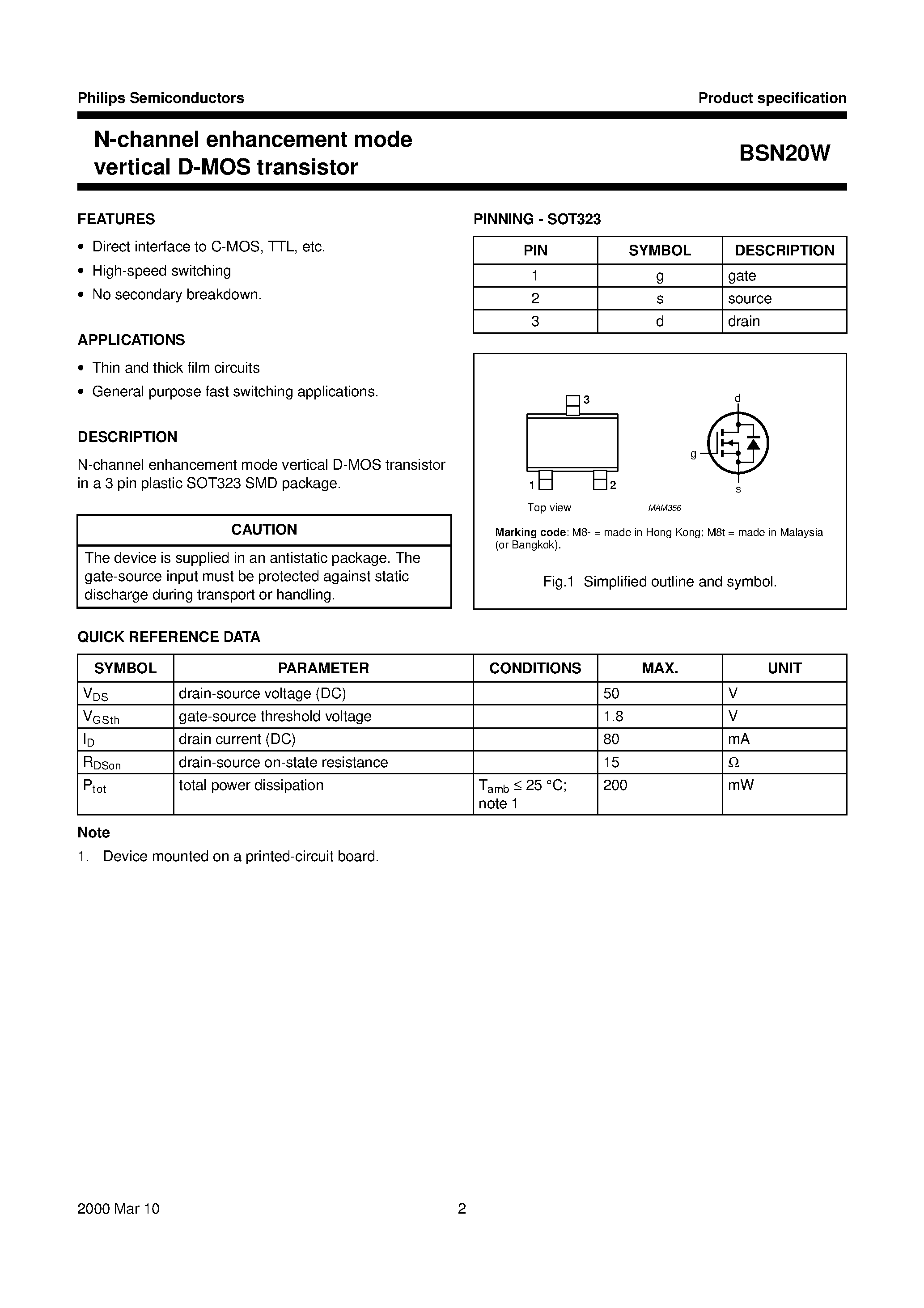 Даташит BSN20W - N-channel enhancement mode vertical D-MOS transistor страница 2