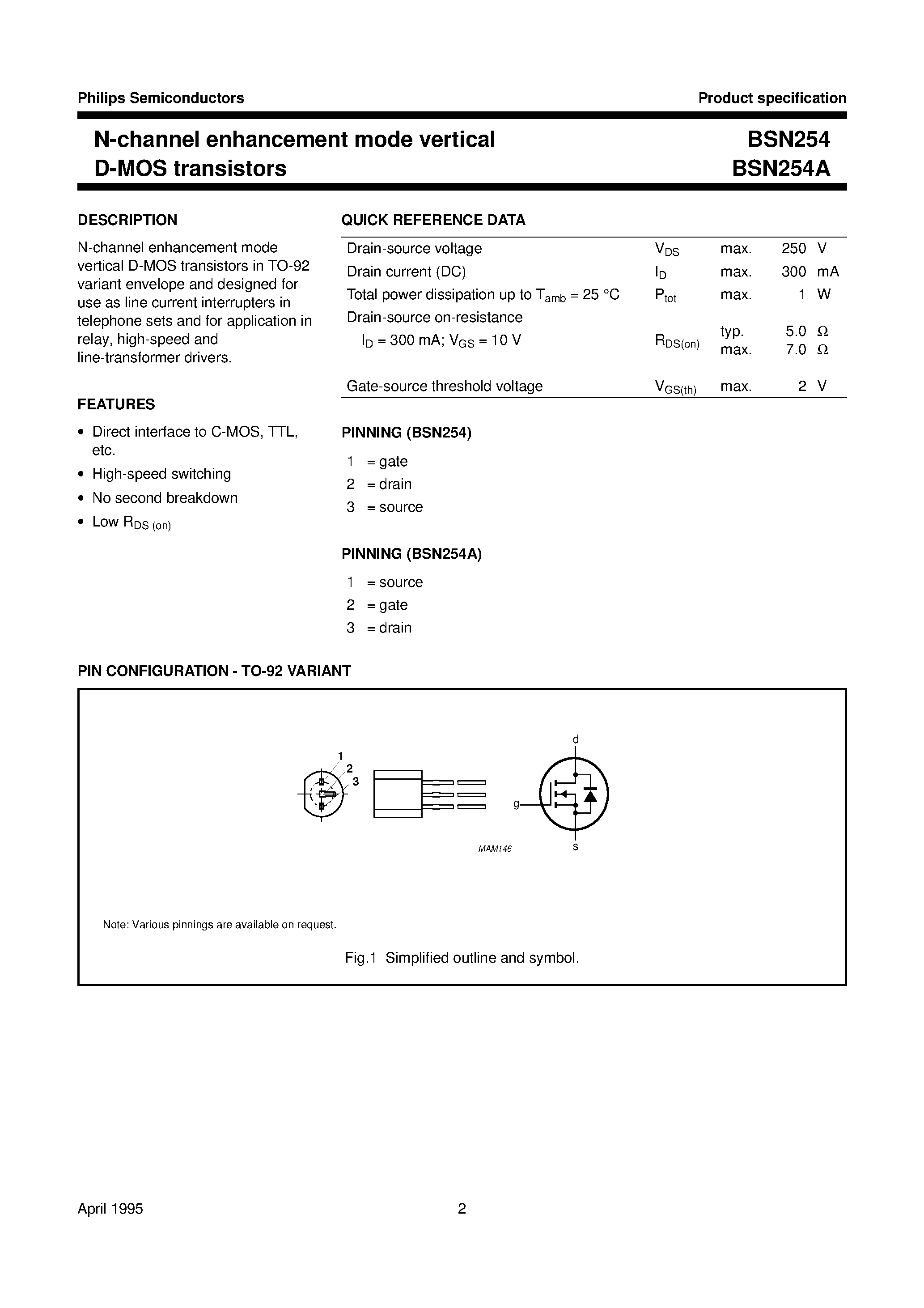 Даташит BSN254 - N-channel enhancement mode vertical D-MOS transistors страница 2