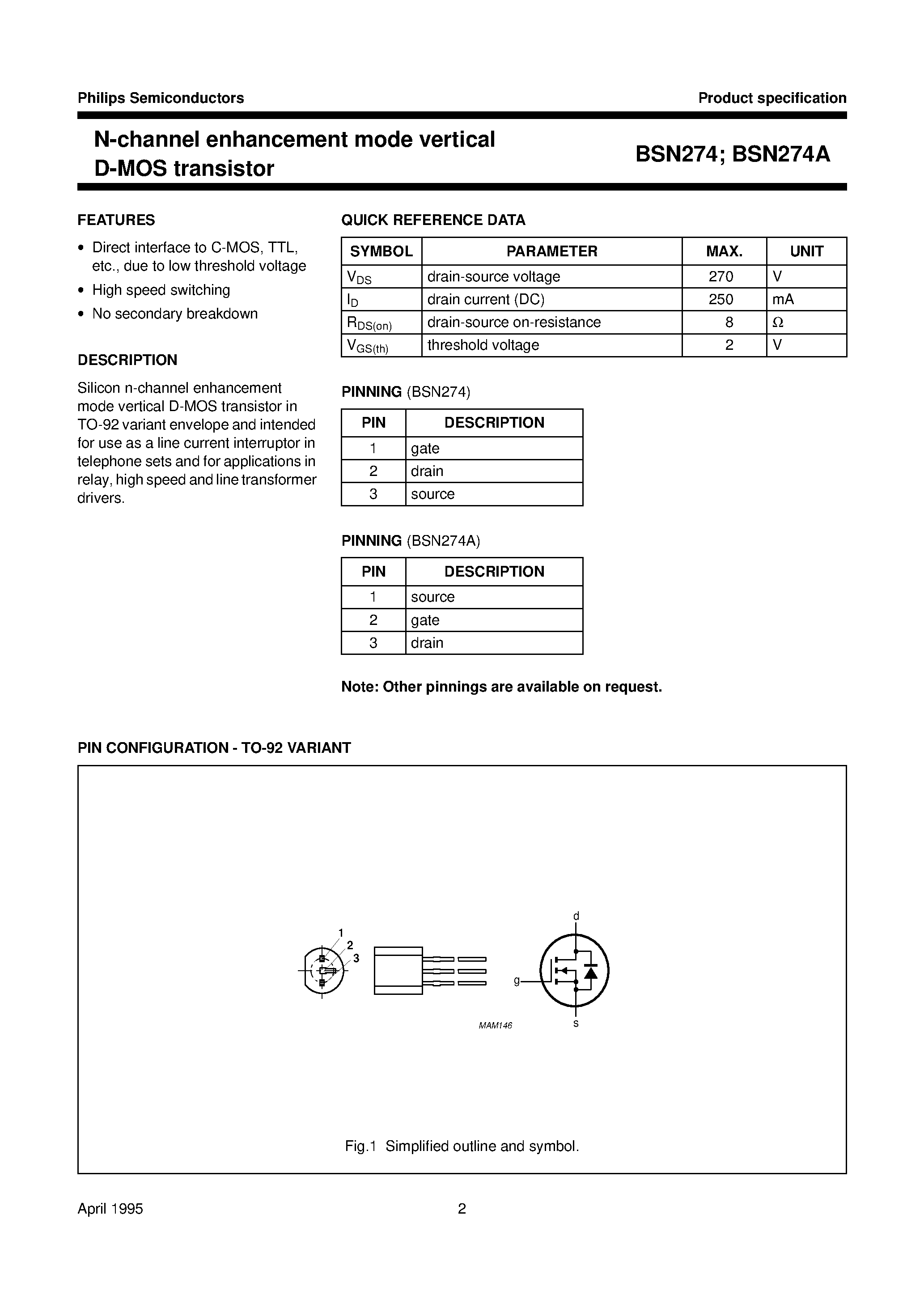 Даташит BSN274 - N-channel enhancement mode vertical D-MOS transistor страница 2