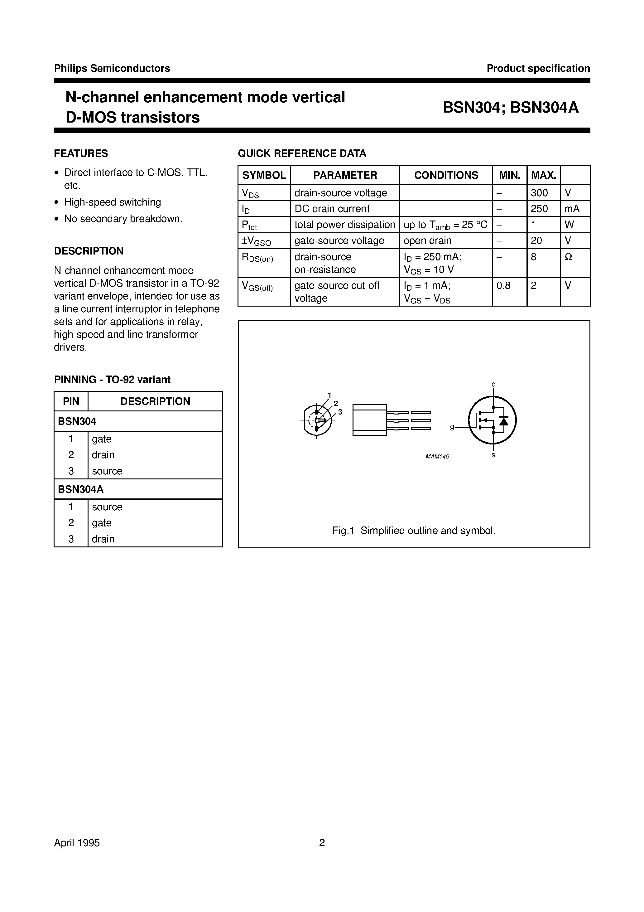 Даташит BSN304 - N-channel enhancement mode vertical D-MOS transistors страница 2