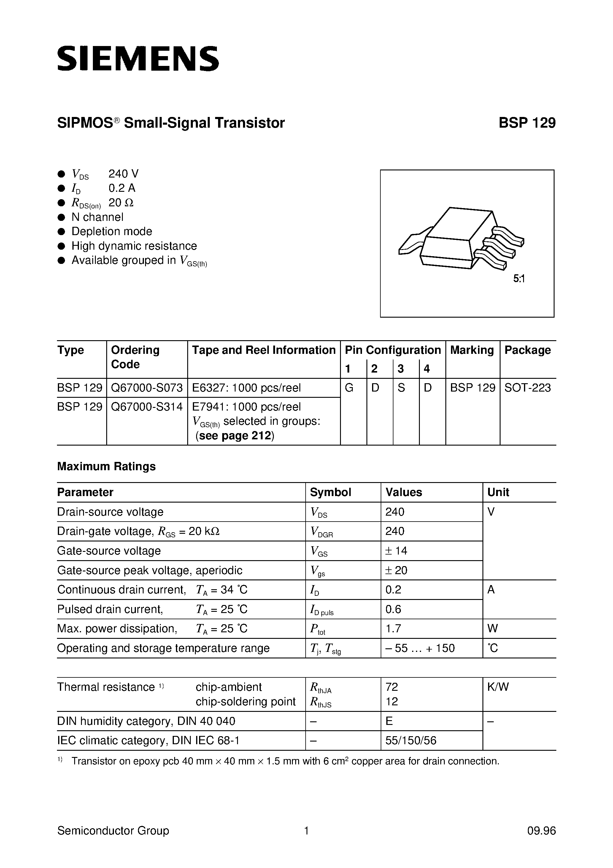 Datasheet BSP129 - SIPMOS Small-Signal Transistor (N channel Depletion mode High dynamic resistance) page 1