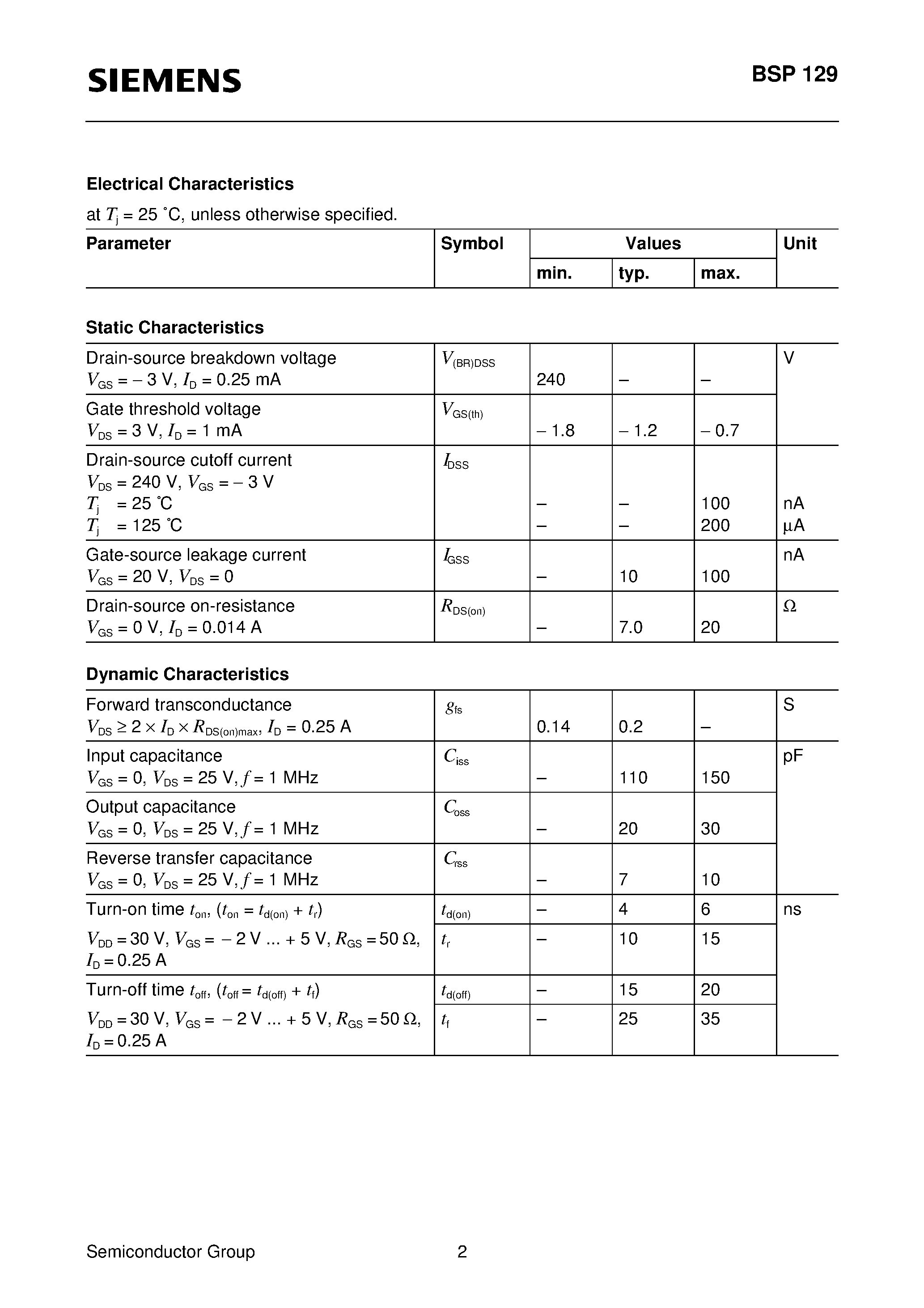 Datasheet BSP129 - SIPMOS Small-Signal Transistor (N channel Depletion mode High dynamic resistance) page 2