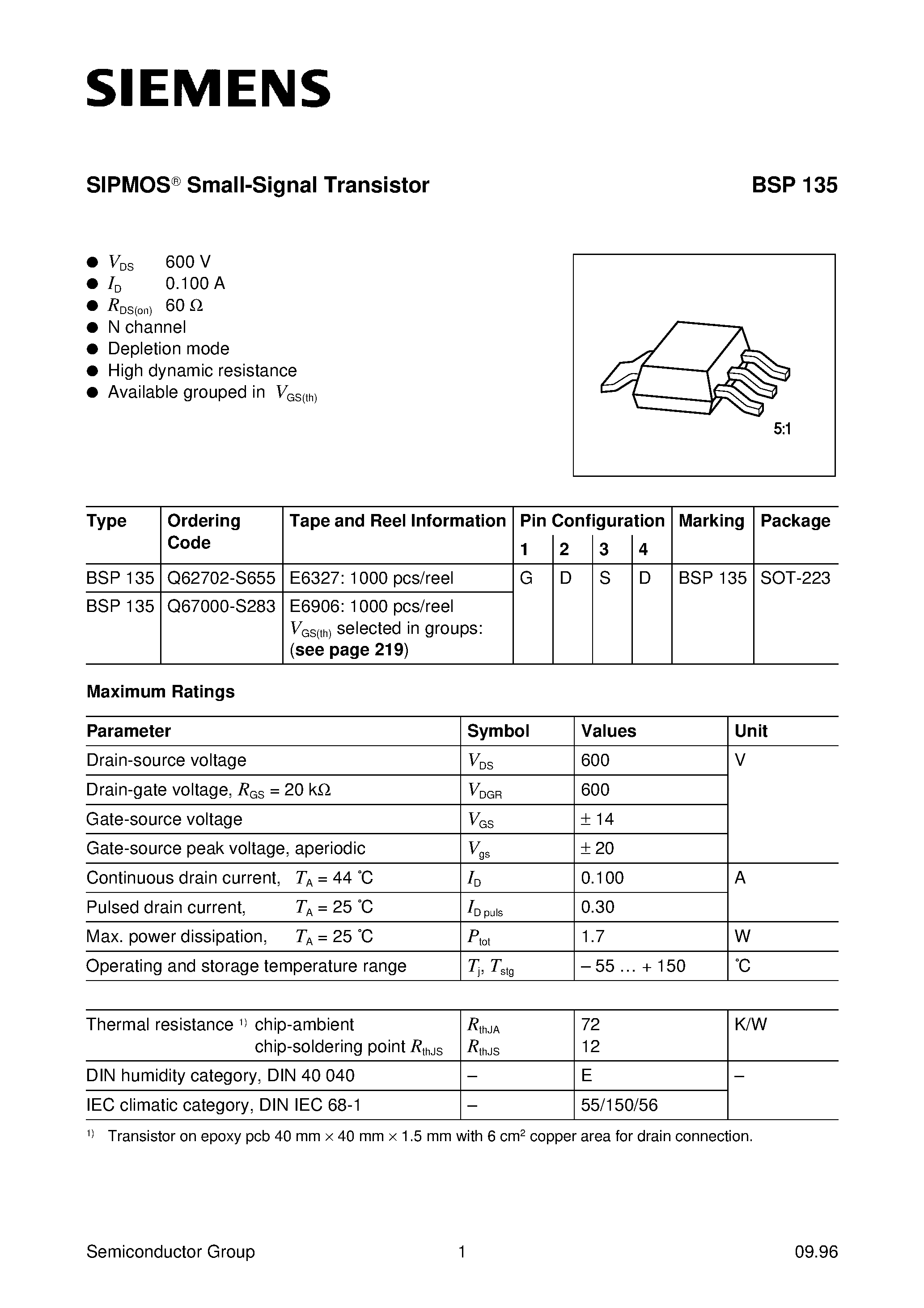 Datasheet BSP135 - SIPMOS Small-Signal Transistor (N channel Depletion mode High dynamic resistance) page 1