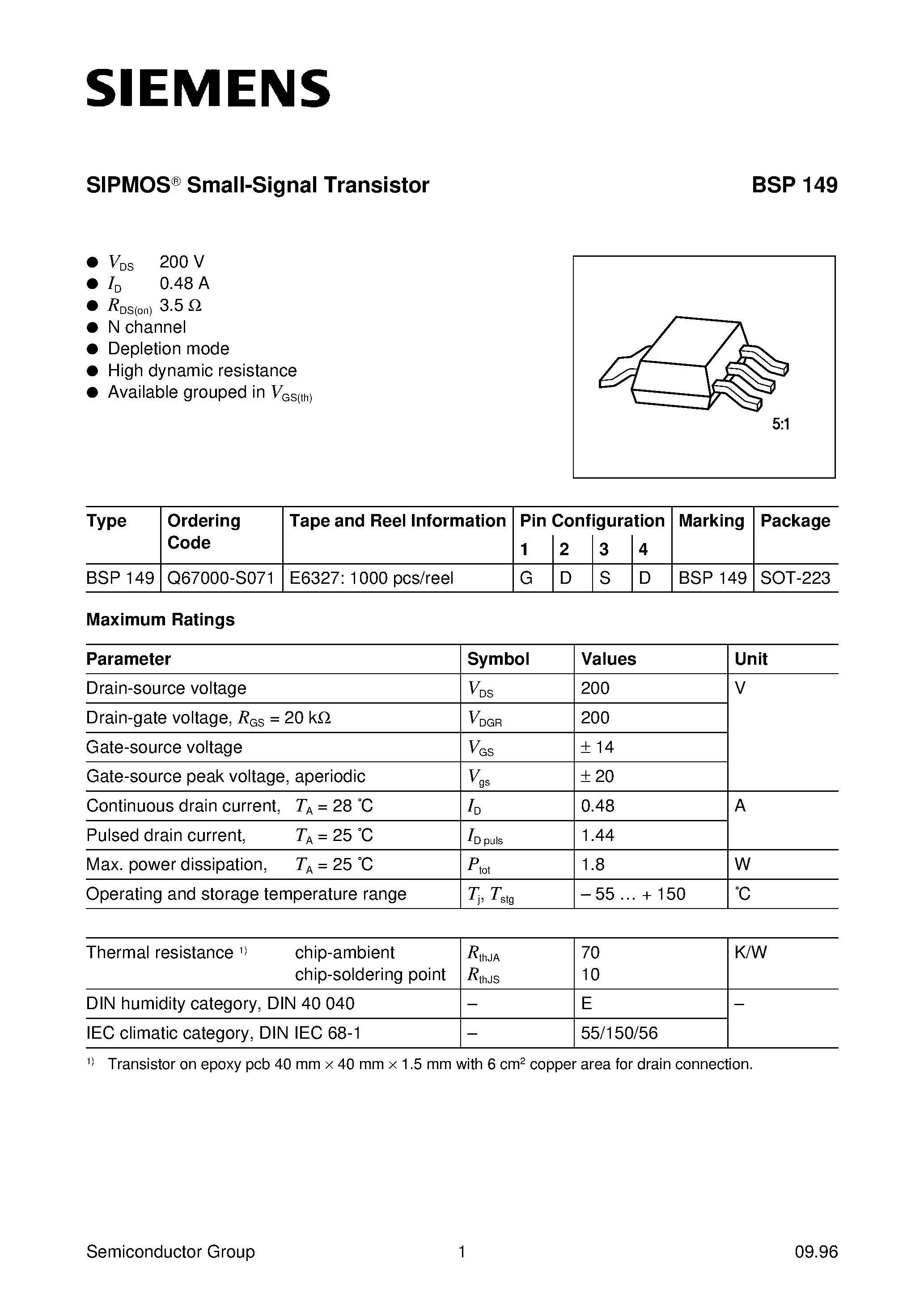 Datasheet BSP149 - SIPMOS Small-Signal Transistor (N channel Depletion mode High dynamic resistance) page 1