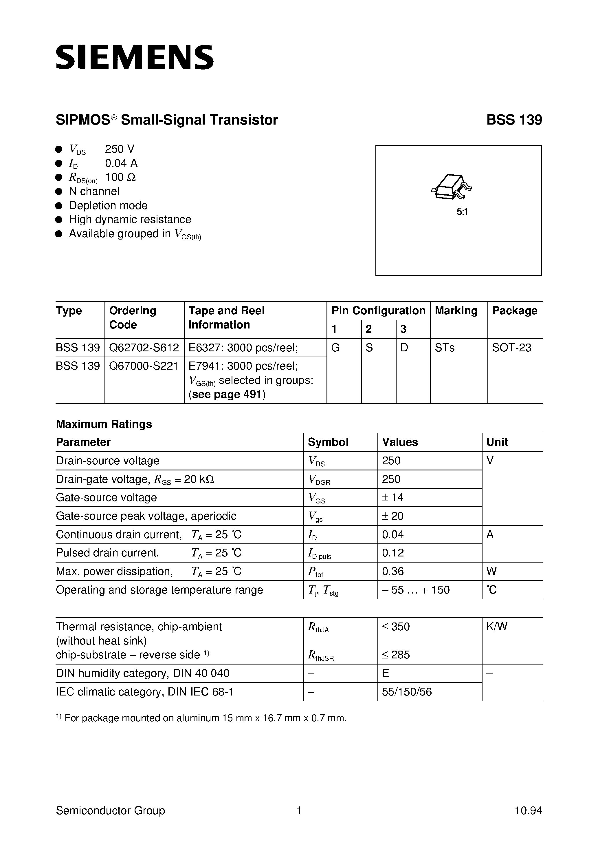 Datasheet BSS139 - SIPMOS Small-Signal Transistor (N channel Depletion mode High dynamic resistance) page 1