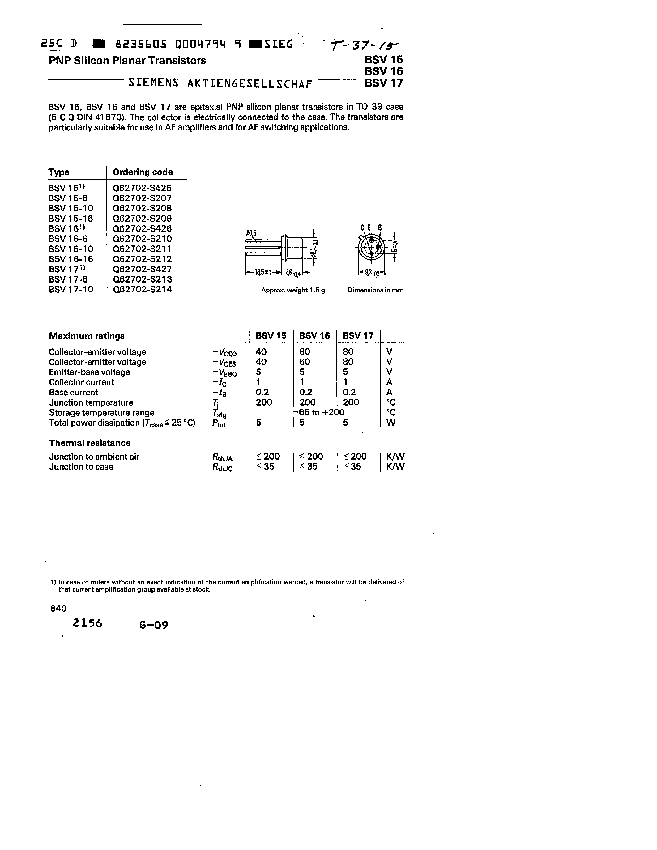 Даташит BSV17-6 - PNP SILICON PLANAR TRANSISTORS страница 1