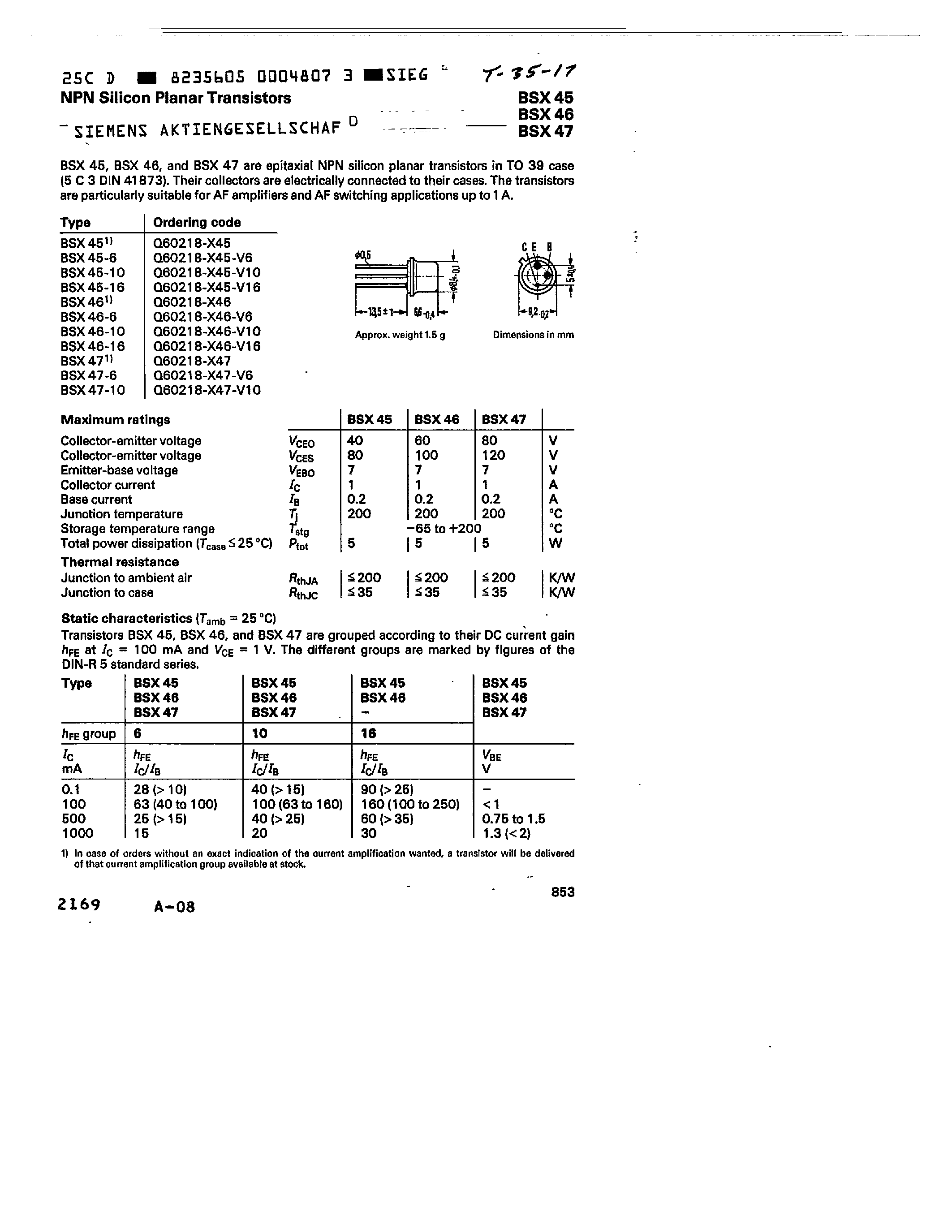 Даташит BSX45-6 - NPN SILICON PLANAR TRANSISTORS страница 1